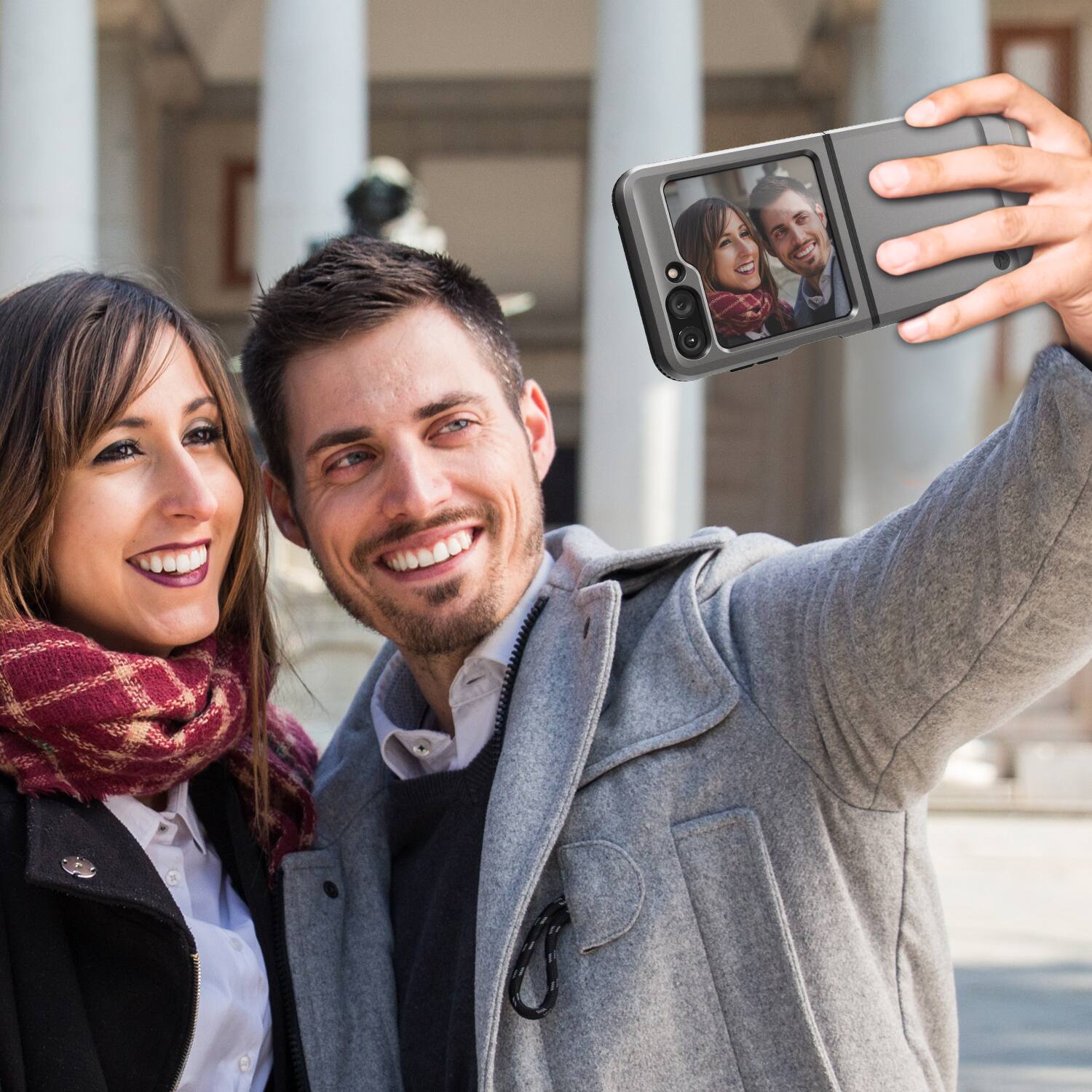 Angle. Vena - OutCross Hybrid PC + TPU Design Protective Case for Samsung Galaxy Z Flip5 - Graphite Gray - Gray.