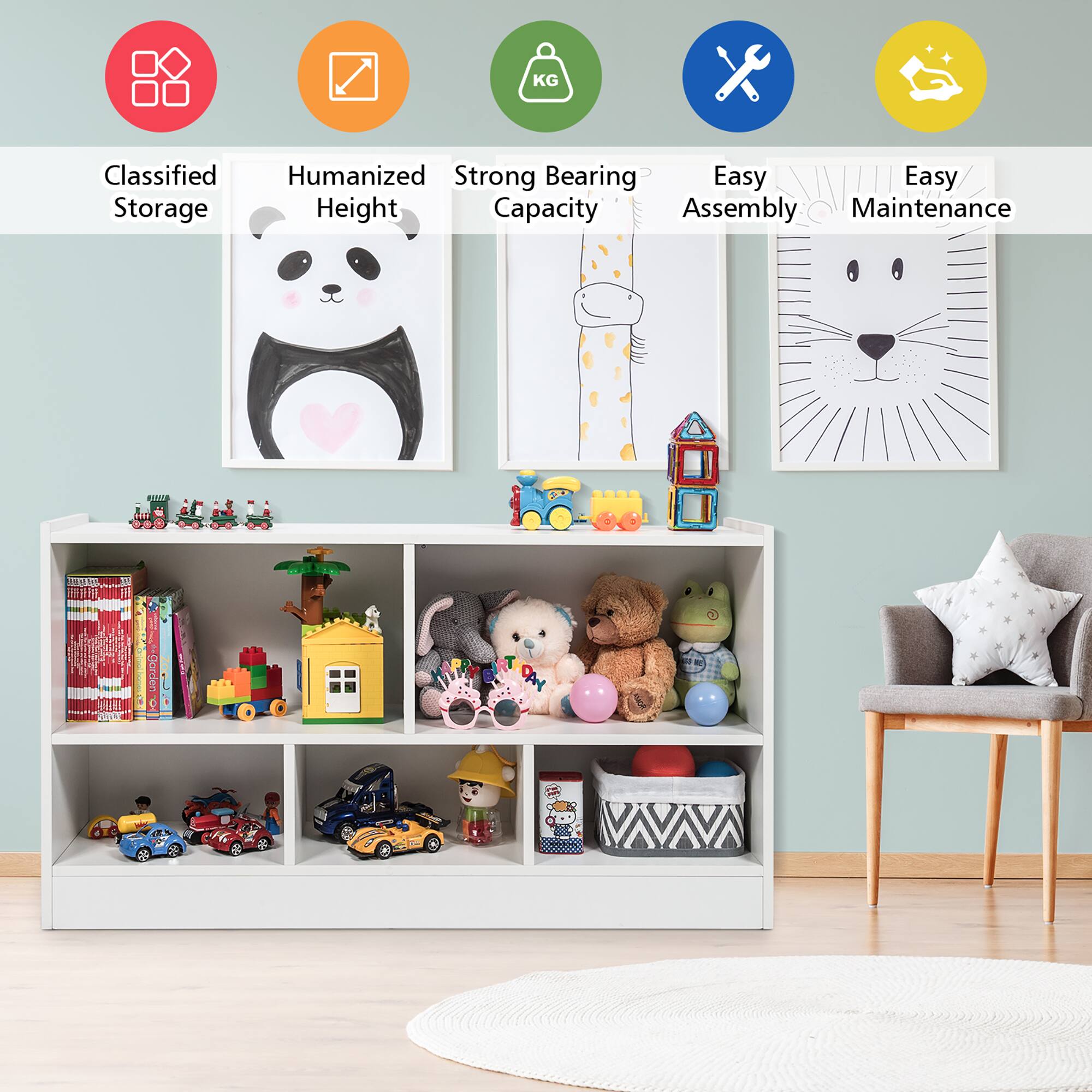The text on the image is grouped as follows:

1. Classified: This refers to the organization and categorization of the toys and items stored in the shelves.
2. Humanized: This suggests that the toys and items are designed to appeal to children and evoke a sense of fun and playfulness.
3. Strong Bearing: This indicates that the shelves are sturdy and can support the weight of the toys and items stored on them.
4. Easy Storage: This implies that the shelves are designed to make it easy for users to store and access their toys and items.
5. Height Capacity: This refers to the shelves' ability to accommodate toys and items of varying heights.
6. Assembly: This suggests that the shelves may require some assembly or setup before use.
7. Maintenance: This indicates that the shelves are designed to be durable and easy to maintain over time.