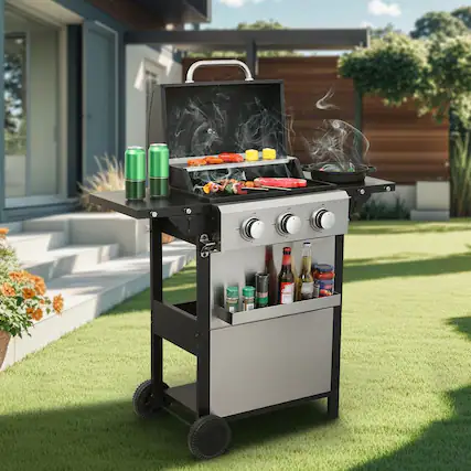 Front. Resenkos - 3-Burner Propane Gas BBQ Grill, 25650BTU Output With Wire Enamel Cooking Grids For Outdoor Barbecue, Foldable Side Table.