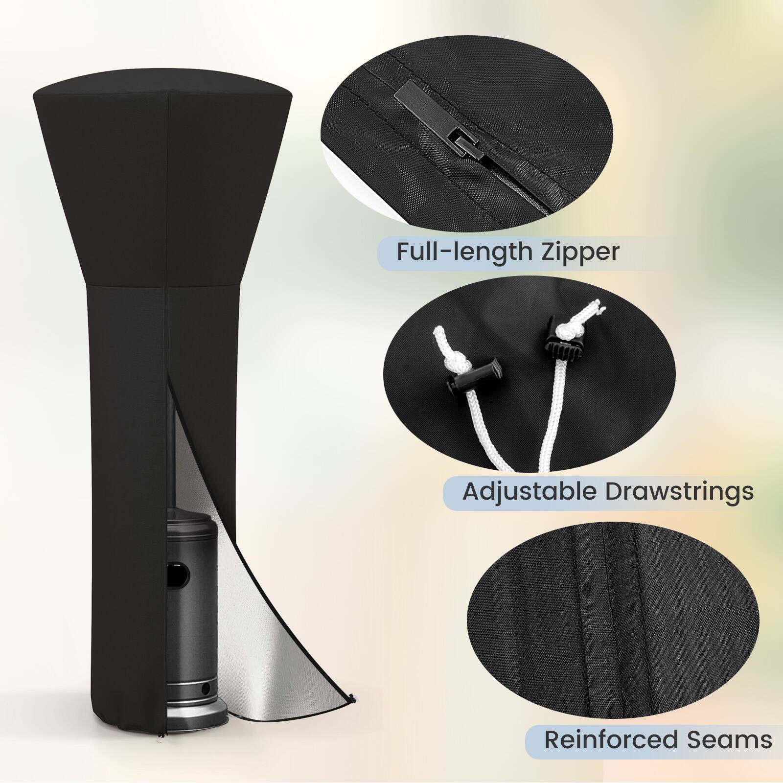 Full-length Zipper  
Adjustable Drawstrings  
Reinforced Seams