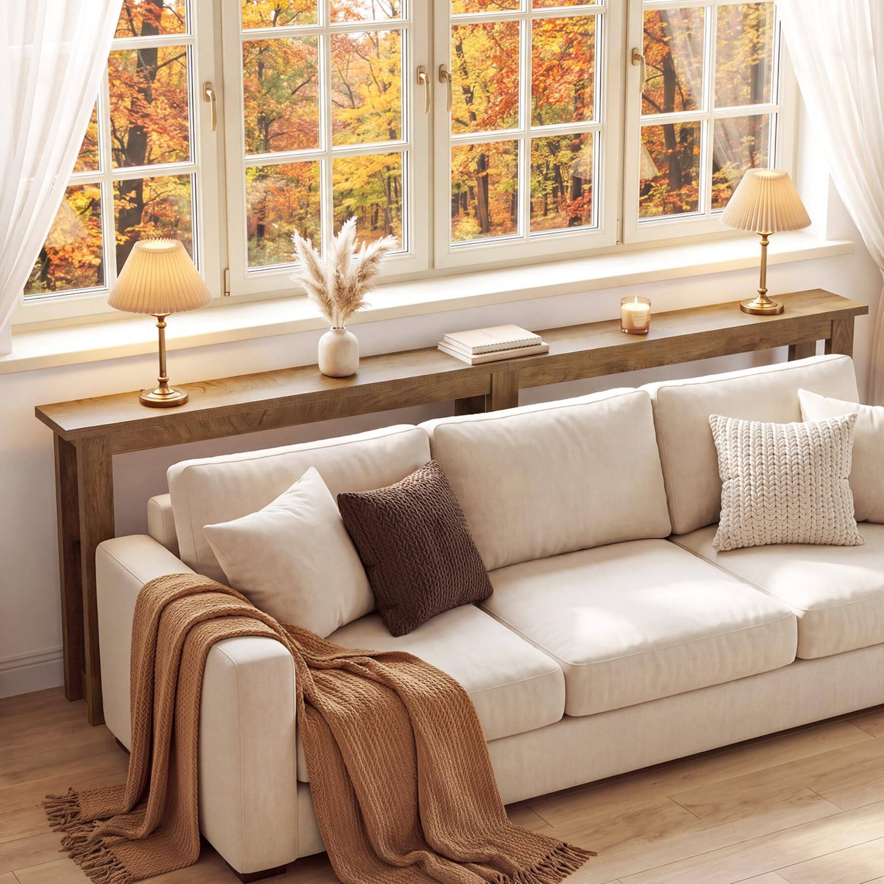 Back. Tribesigns - Extra Long Sofa Console Table, 94.5" Narrow Behind Couch Table - Brown.