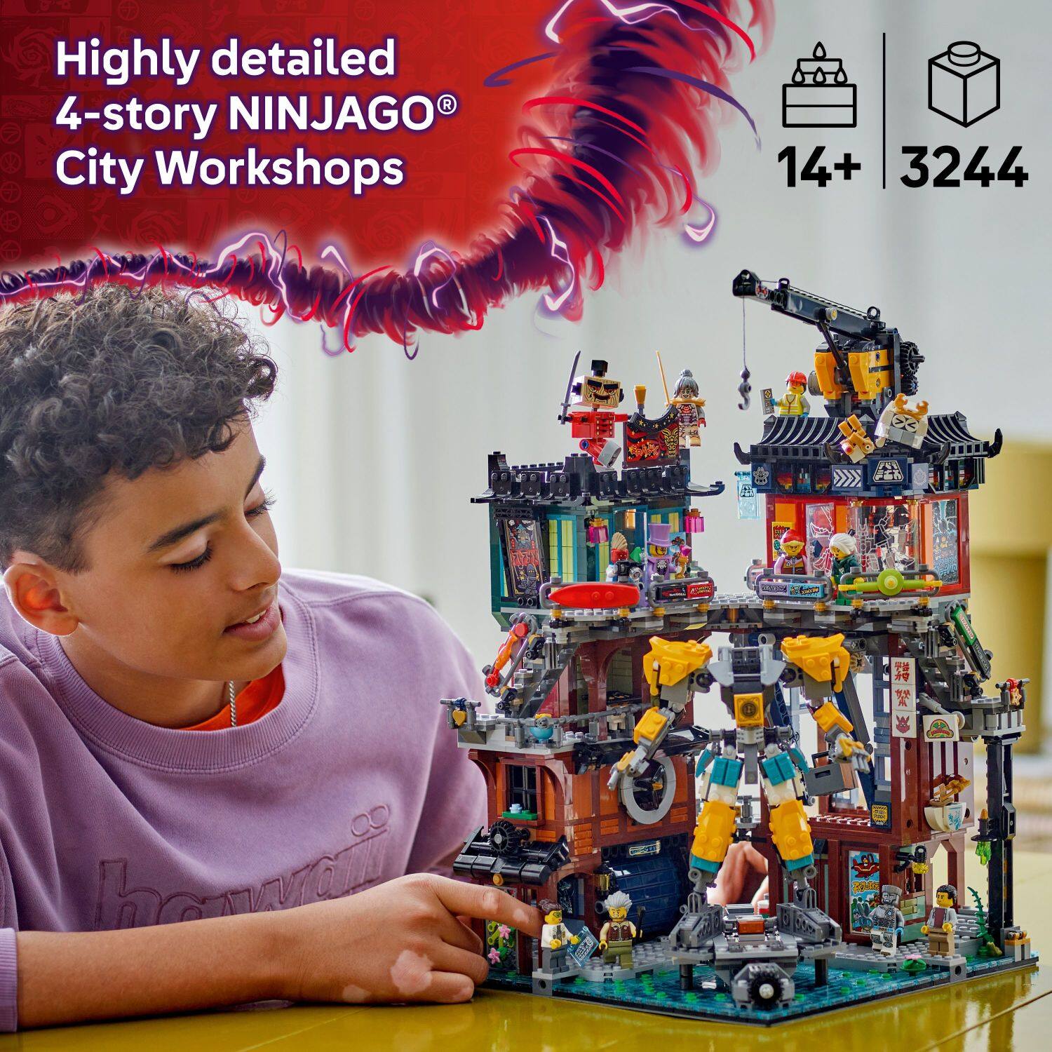 Highly detailed 4-story NINJAGO® City Workshops  
14+ 3244
