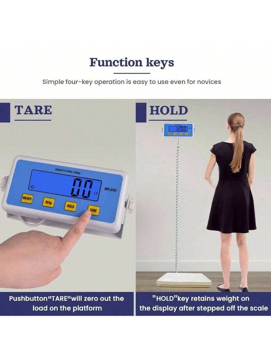 Function keys  
Simple four-key operation is easy to use even for novices  

TARE  
Pushbutton "TARE" will zero out the load on the platform  

HOLD  
"HOLD" key retains weight on the display after stepped off the scale