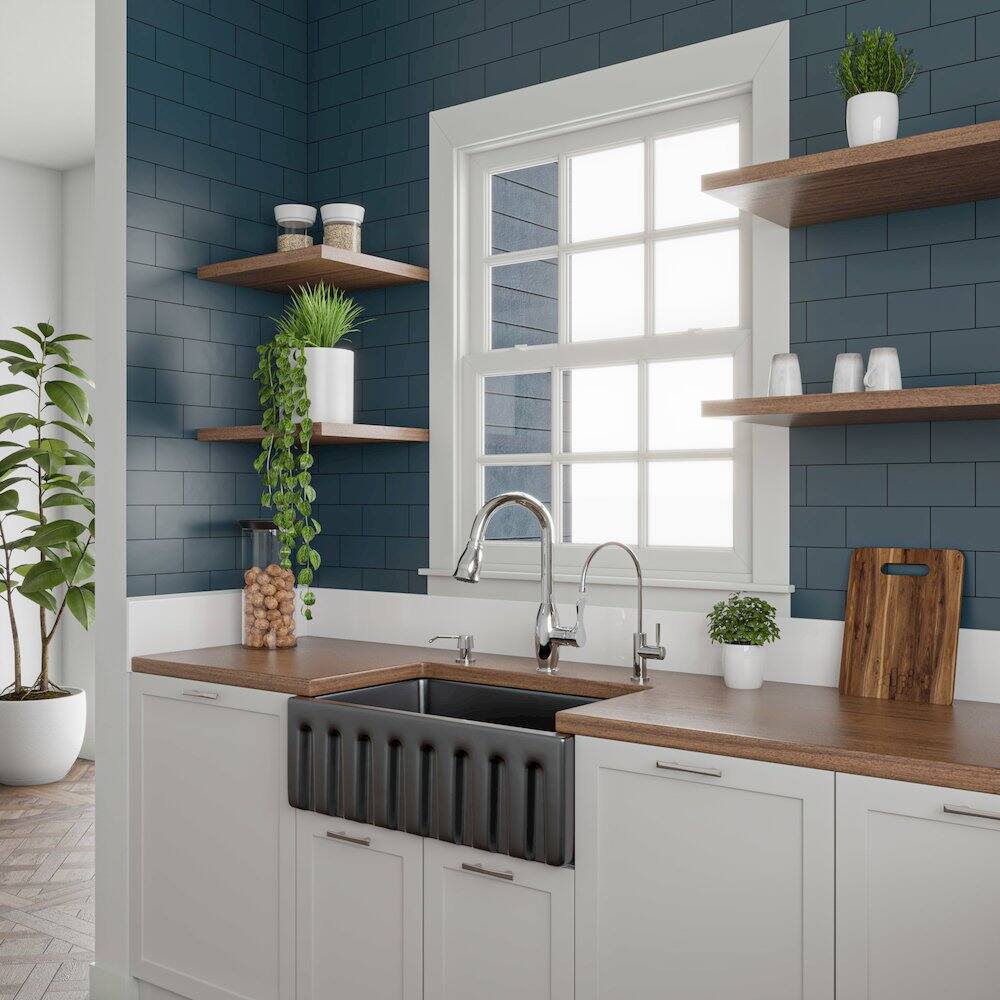 Alt View 3. Alfi - ALFI brand 30 Black Gloss Reversible Smooth / Fluted Single Bowl Fireclay Farm Sink - Black Gloss.