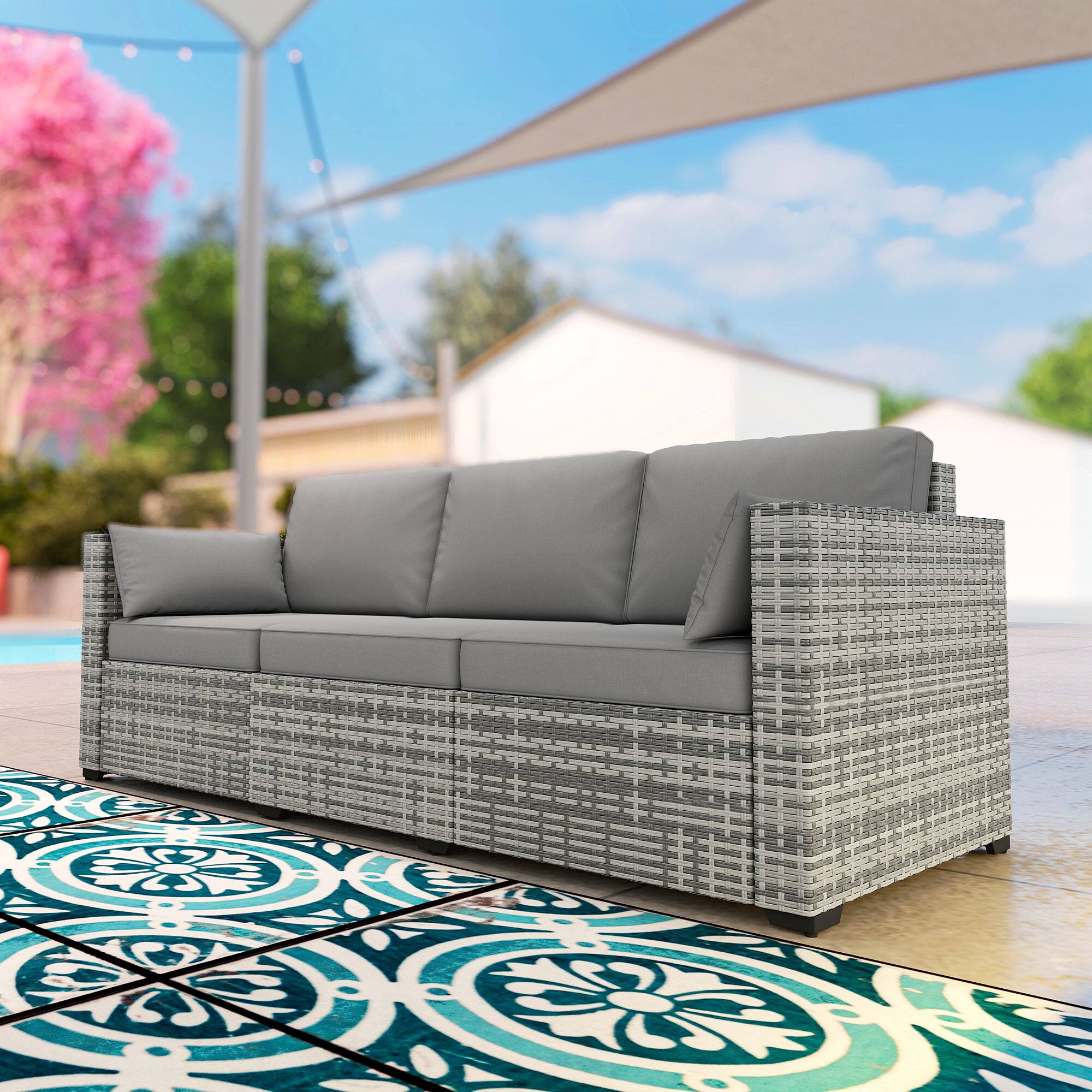 Alt View 7. Outsunny - Patio Couch PE Wicker Deep Seating Outdoor Sofa with Removable Cushions, 3 Seater Rattan Sofa, Outdoor Furniture - Gray.