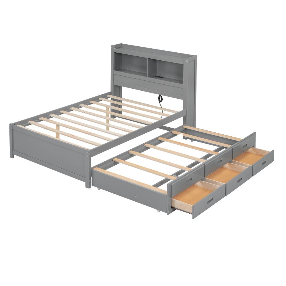 Alt View 6. Loheer - Loheer Full Size Platform Bed with Trundle, Drawers and USB Ports, Gray Captains Bed - Gray.