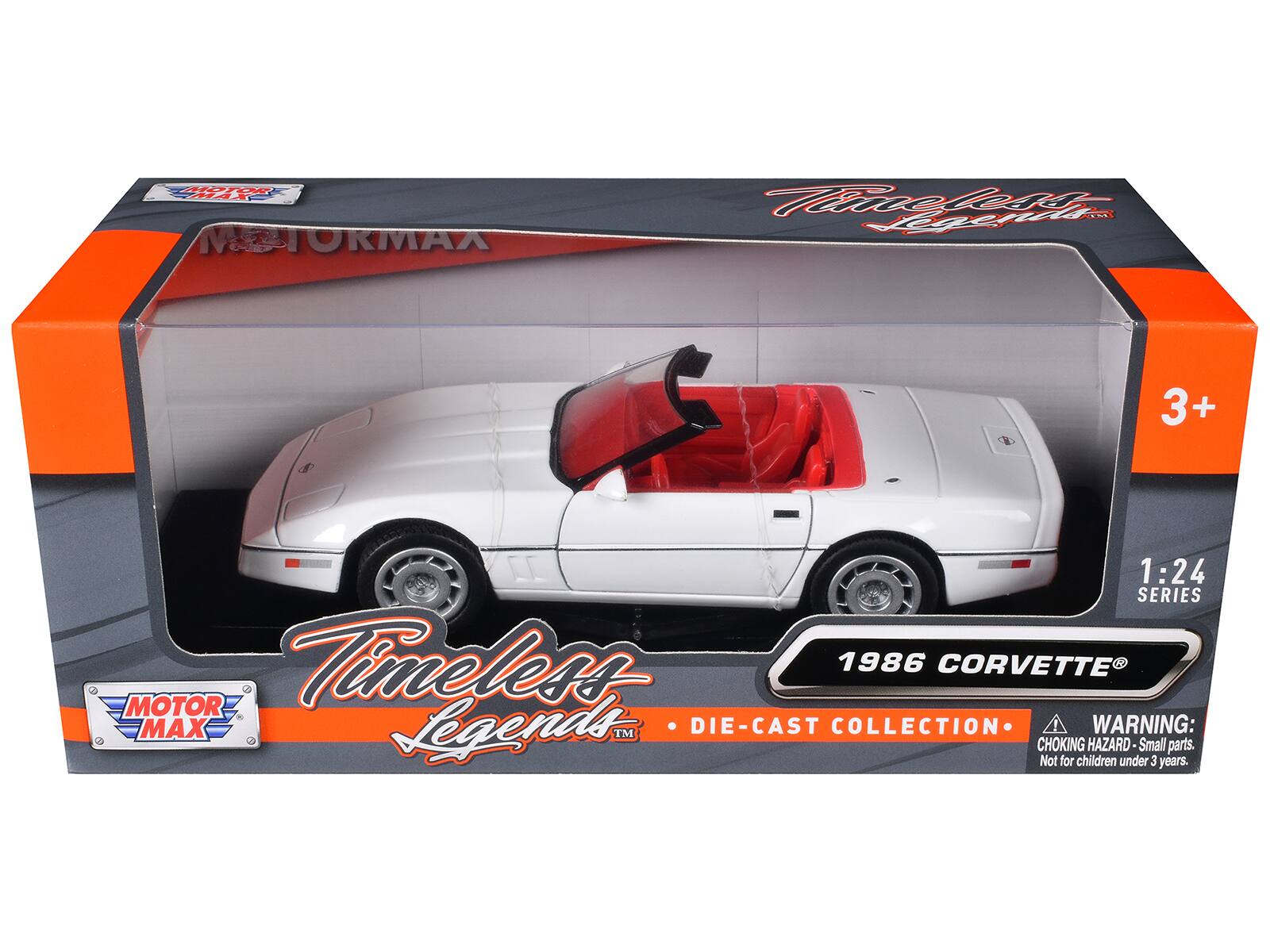 40 MIAT M TOKMAX  
Apefl 3+ 1:24 SERIES  
Timeless Legends™ DIE-CAST COLLECTION  
WARNING: CHOKING HAZARD - Small parts. Not for children under 3 years.  

MOTOR MAX  
Timeless Legends™  
1986 CORVETTE®  
DIE-CAST COLLECTION  
1:24 SERIES  
3+