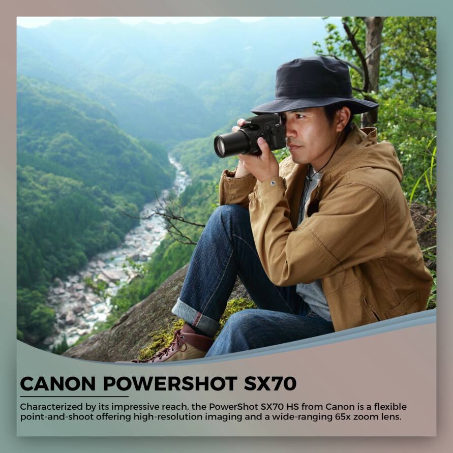 CANON POWERSHOT SX70

Characterized by its impressive reach, the PowerShot SX70 HS from Canon is a flexible point-and-shoot offering high-resolution imaging and a wide-ranging 65x zoom lens.