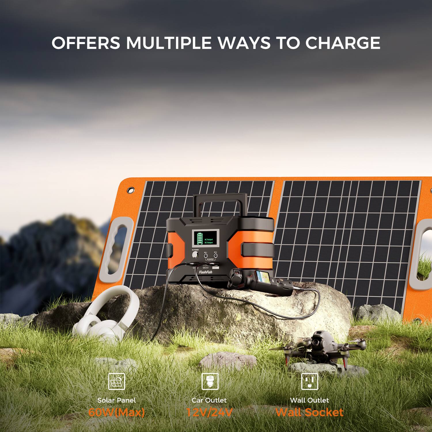 OFFERS MULTIPLE WAYS TO CHARGE

Solar Panel 60W (Max)
Car Outlet 12V/24V
Wall Outlet Wall Socket