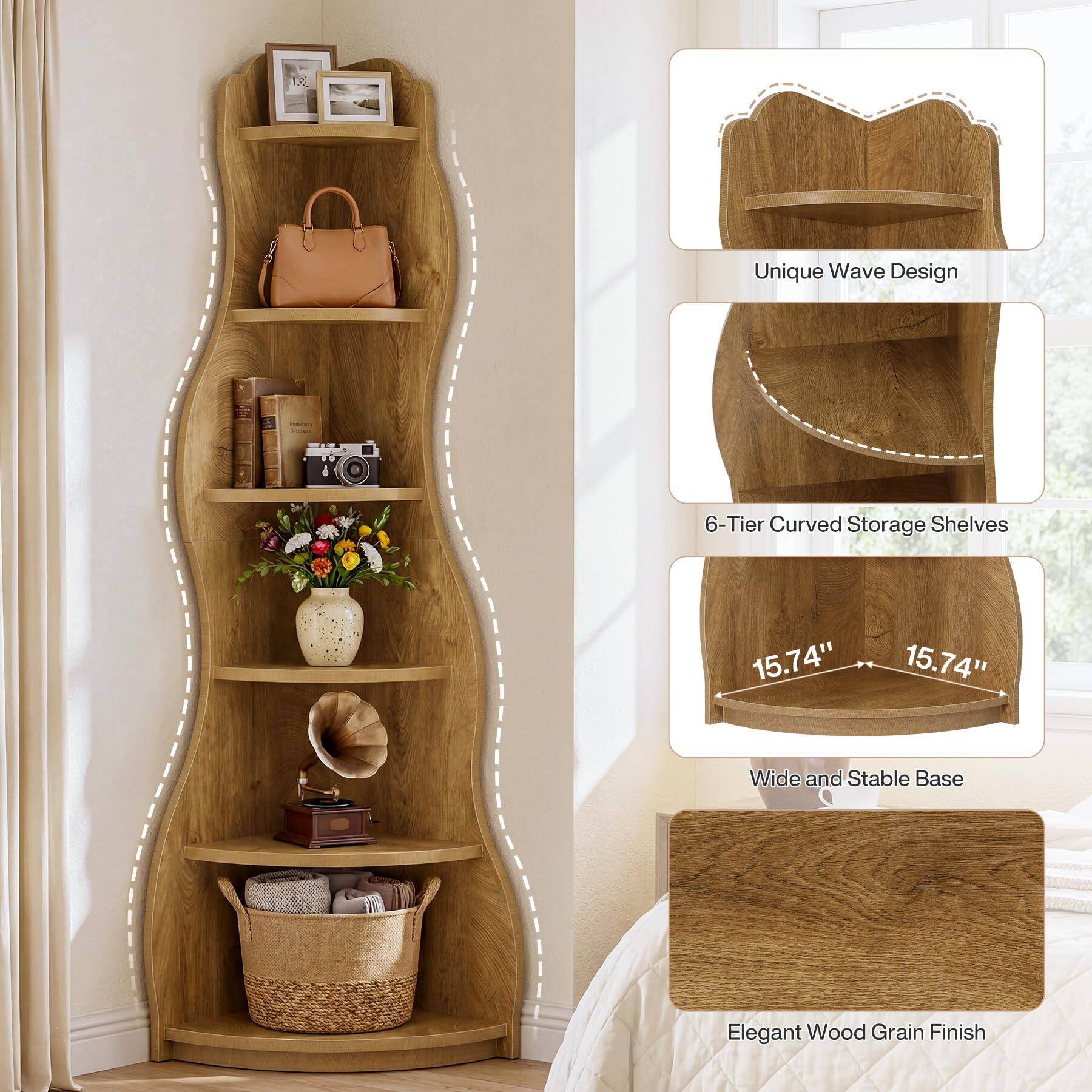 Tribesigns Modern Wavy Corner Shelf, 68.9 Inch 6 Tier Wall Corner ...
