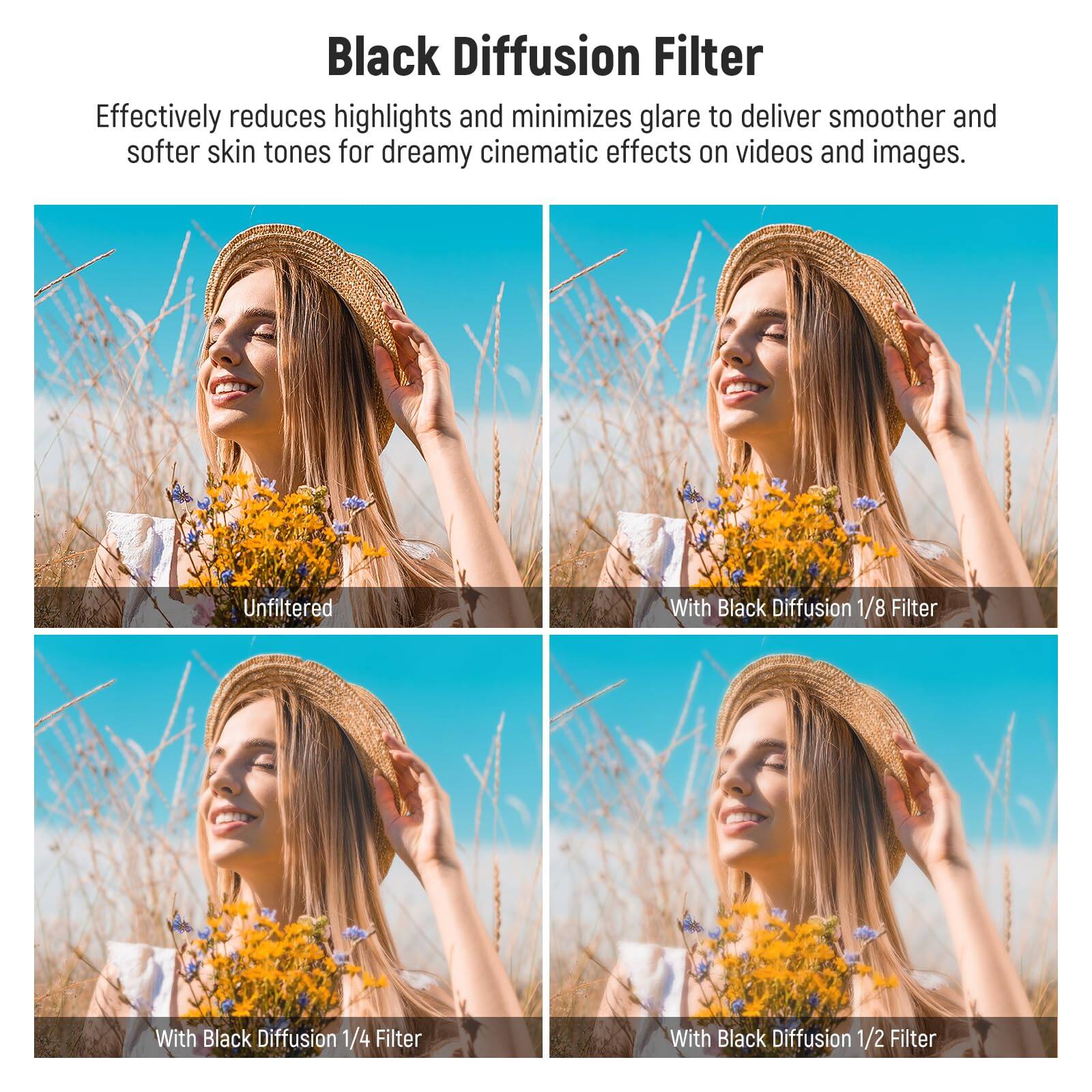 Black Diffusion Filter  
Effectively reduces highlights and minimizes glare to deliver smoother and softer skin tones for dreamy cinematic effects on videos and images.

Unfiltered  
With Black Diffusion 1/8 Filter  
With Black Diffusion 1/4 Filter  
With Black Diffusion 1/2 Filter