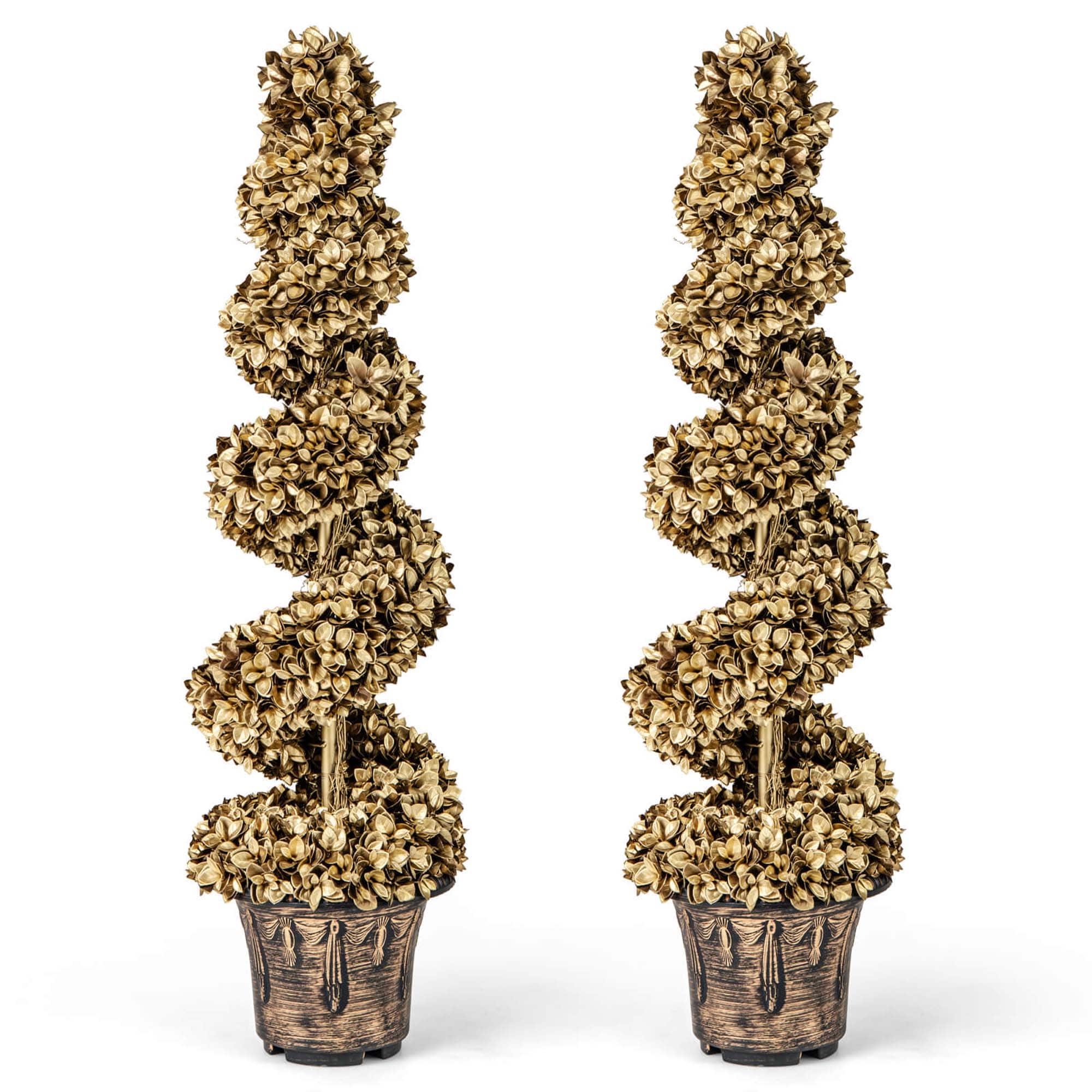 Costway - 4 FT Artificial Topiary Spiral Tree Set of 2 with Vintage Plastic Nursery Pot - Gold