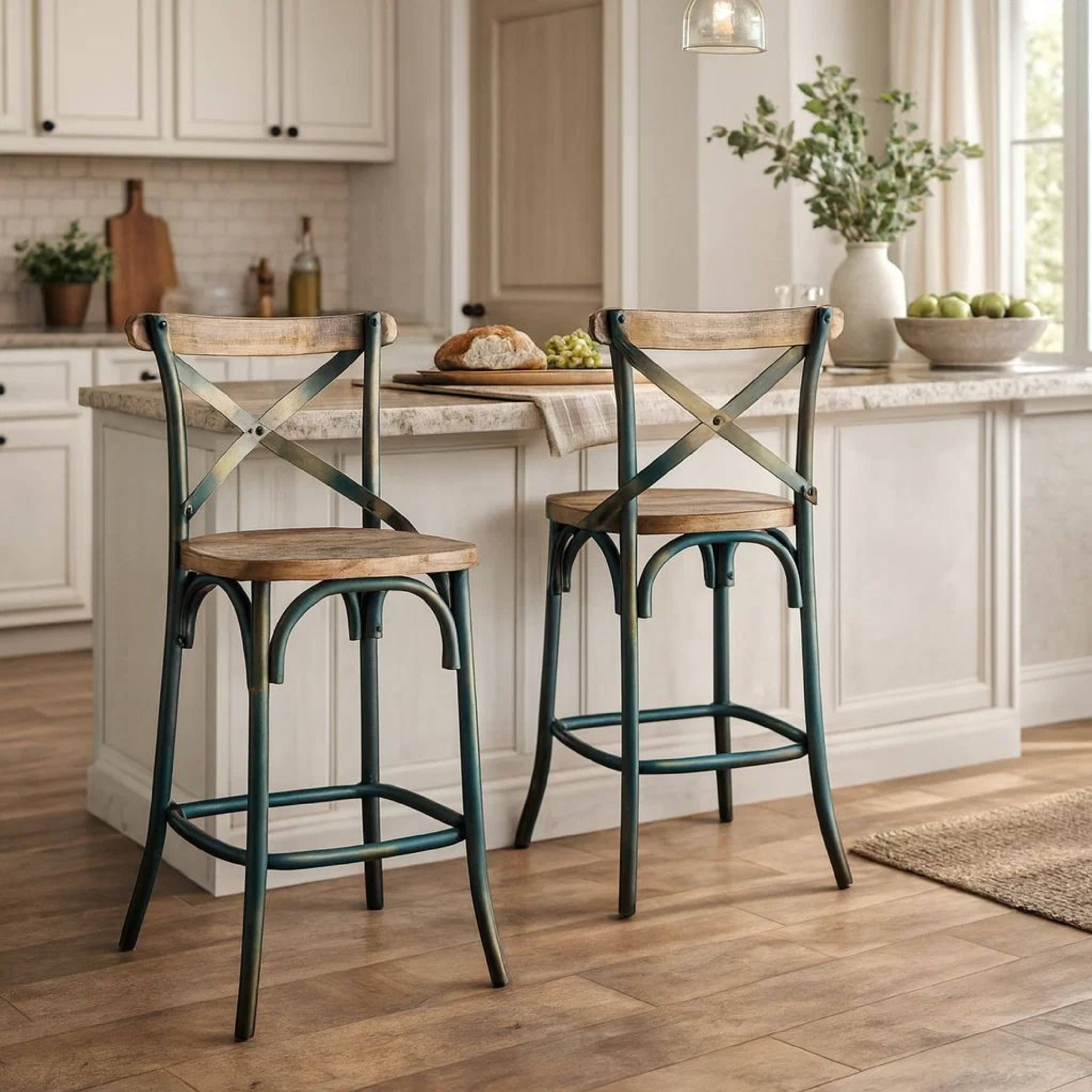 Alt View 6. Manhattan Lane - Wood & metal Bar Height Chair with X Style Panel back - Antique Sky Blue.