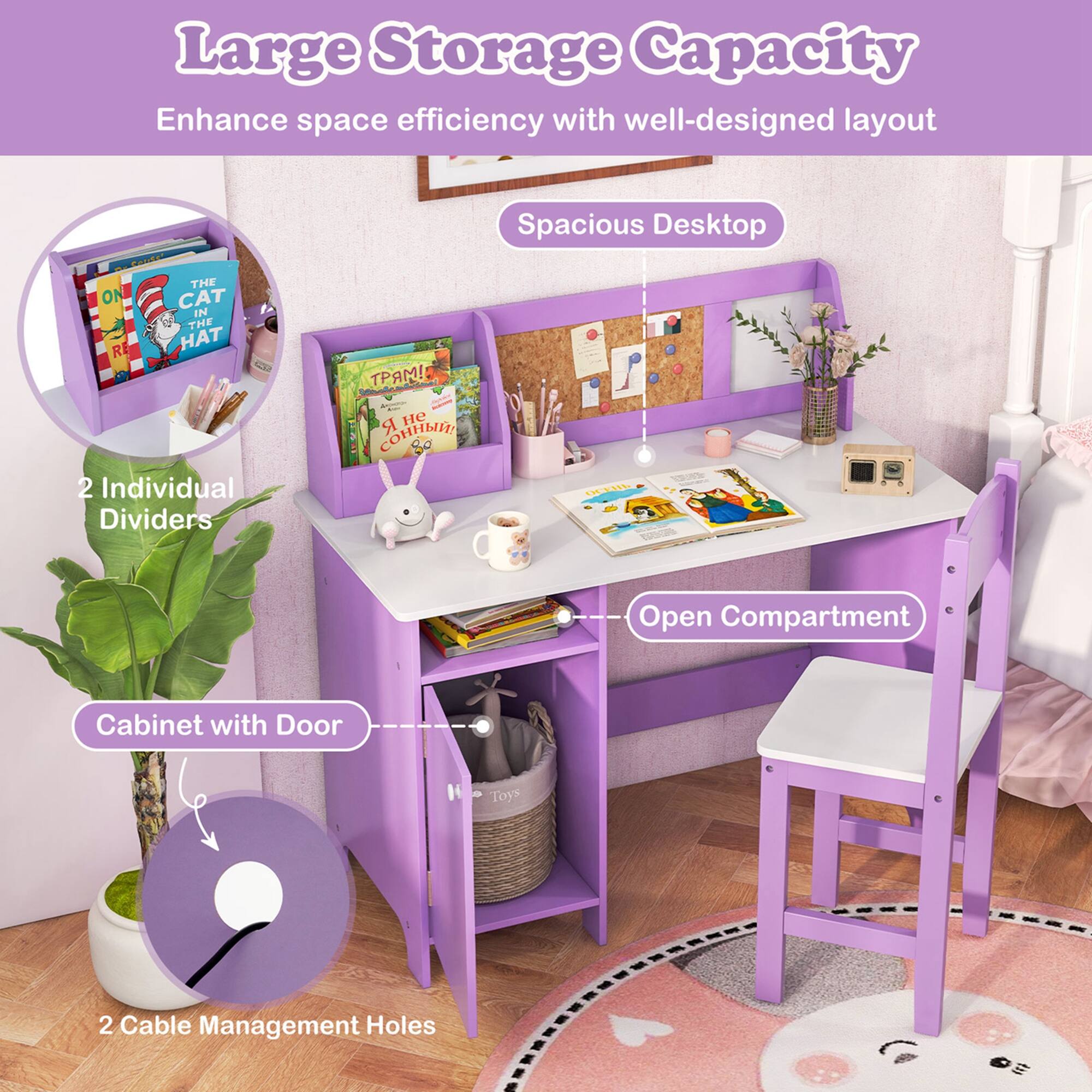 Large Storage Capacity  
Enhance space efficiency with well-designed layout  

Spacious Desktop  

2 Individual Dividers  

Cabinet with Door  

Open Compartment  

2 Cable Management Holes