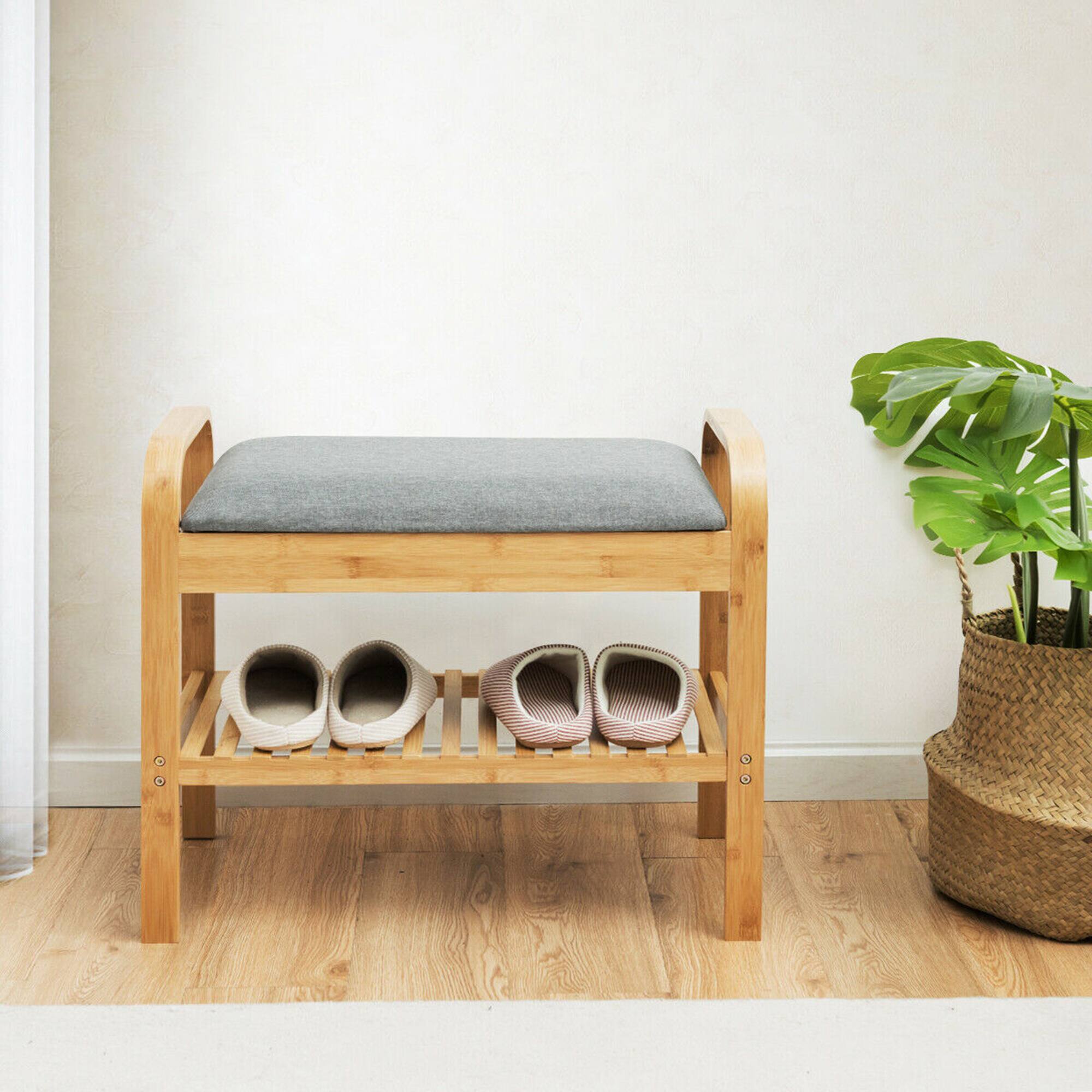 Alt View 12. Costway - Shoe Rack Bench Bamboo W/Cushioned Seat&Storage Shelf Padded Seat Shoe Bench - Natural and Grey.