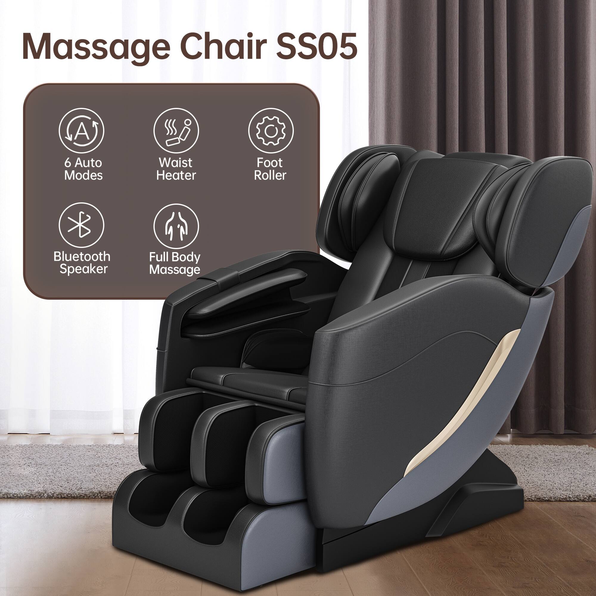 Massage Chair SS05

- 6 Auto Modes
- Waist Heater
- Foot Roller
- Bluetooth Speaker
- Full Body Massage