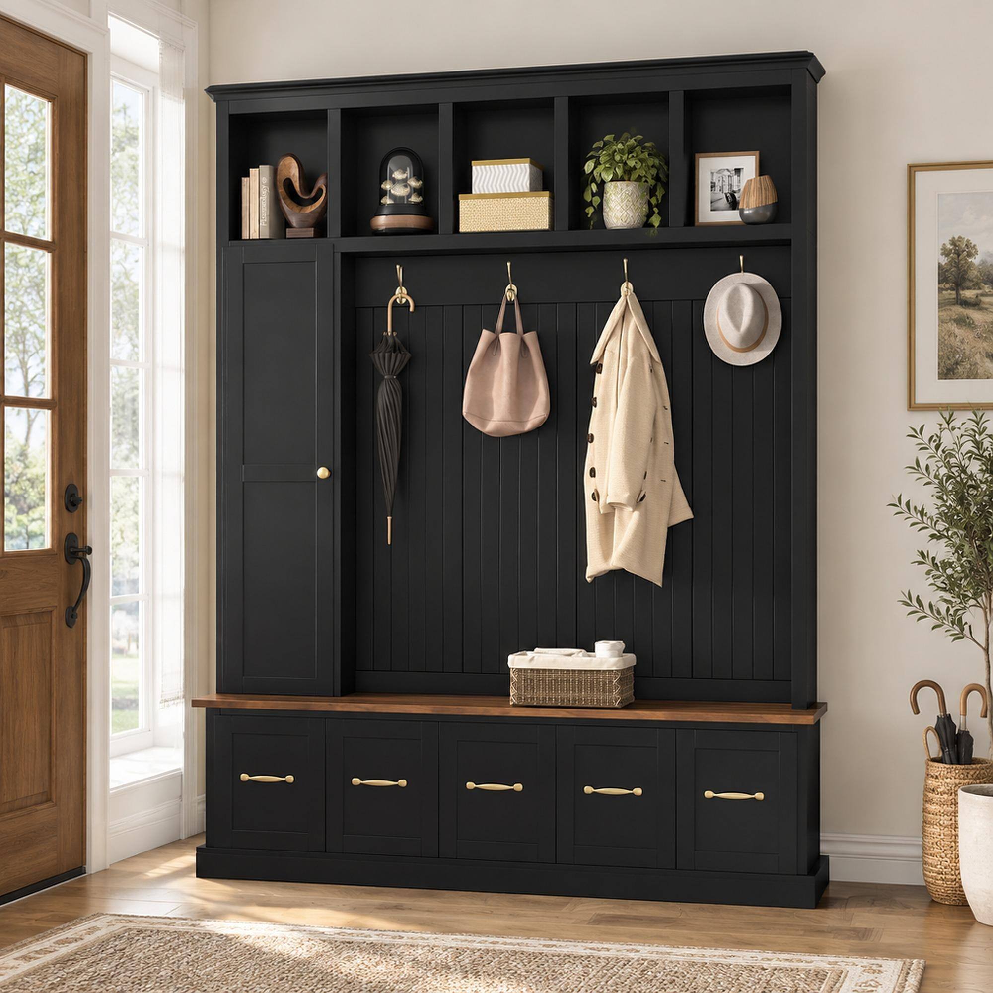 Front. RYHNUYNE - U-Can Hall Tree, 59 in Wide, MDF Frame, Coat Hooks, Shoe Bench, Drawer Storage, White and Gold, Entryway - Antique Black.