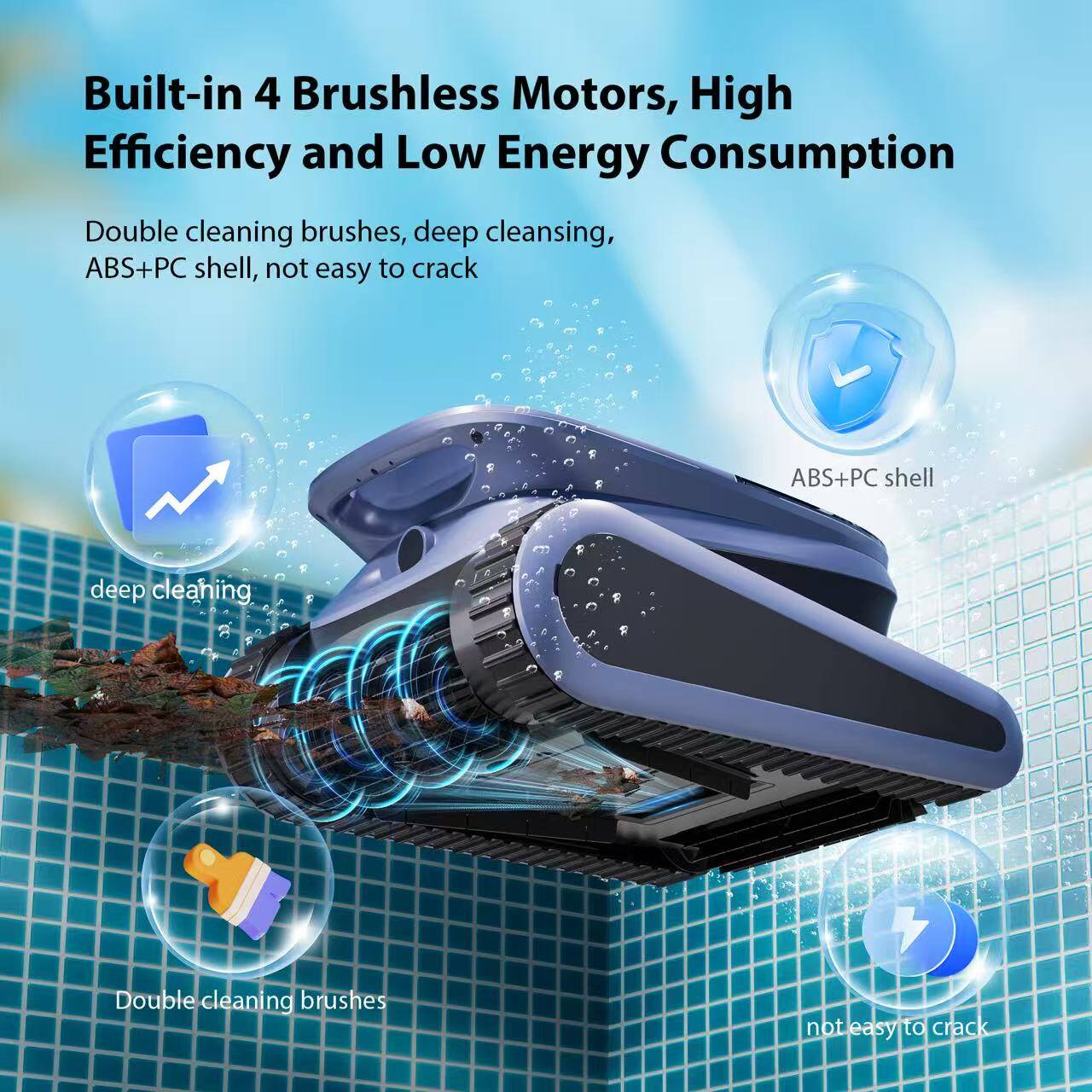 Built-in 4 Brushless Motors, High Efficiency and Low Energy Consumption

Double cleaning brushes, deep cleansing, ABS+PC shell, not easy to crack