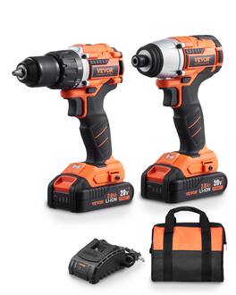 VEVOR - Tool Combo Kit, 20V Max Cordless 2-Tool Combo Kit, with 1/2 in Drill, 1/4 in Impact Driver - Orange,Black