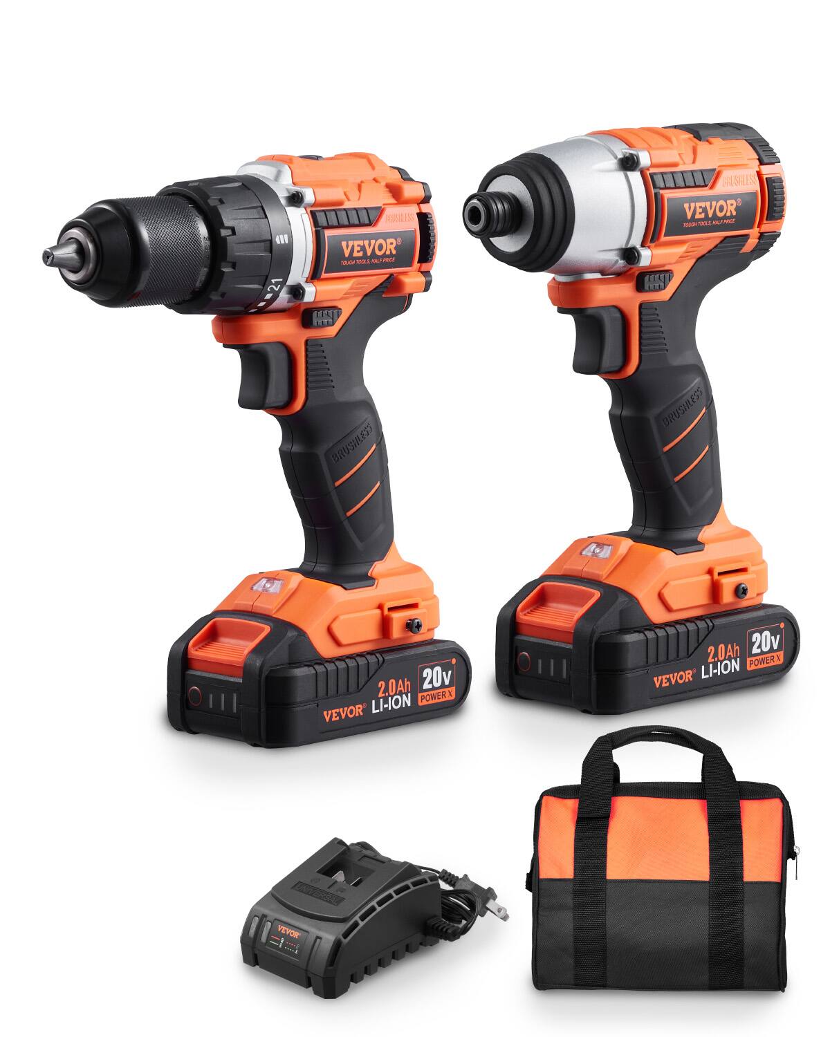 VEVOR - Tool Combo Kit, 20V Max Cordless 2-Tool Combo Kit, with 1/2 in Drill, 1/4 in Impact Driver - Orange,Black