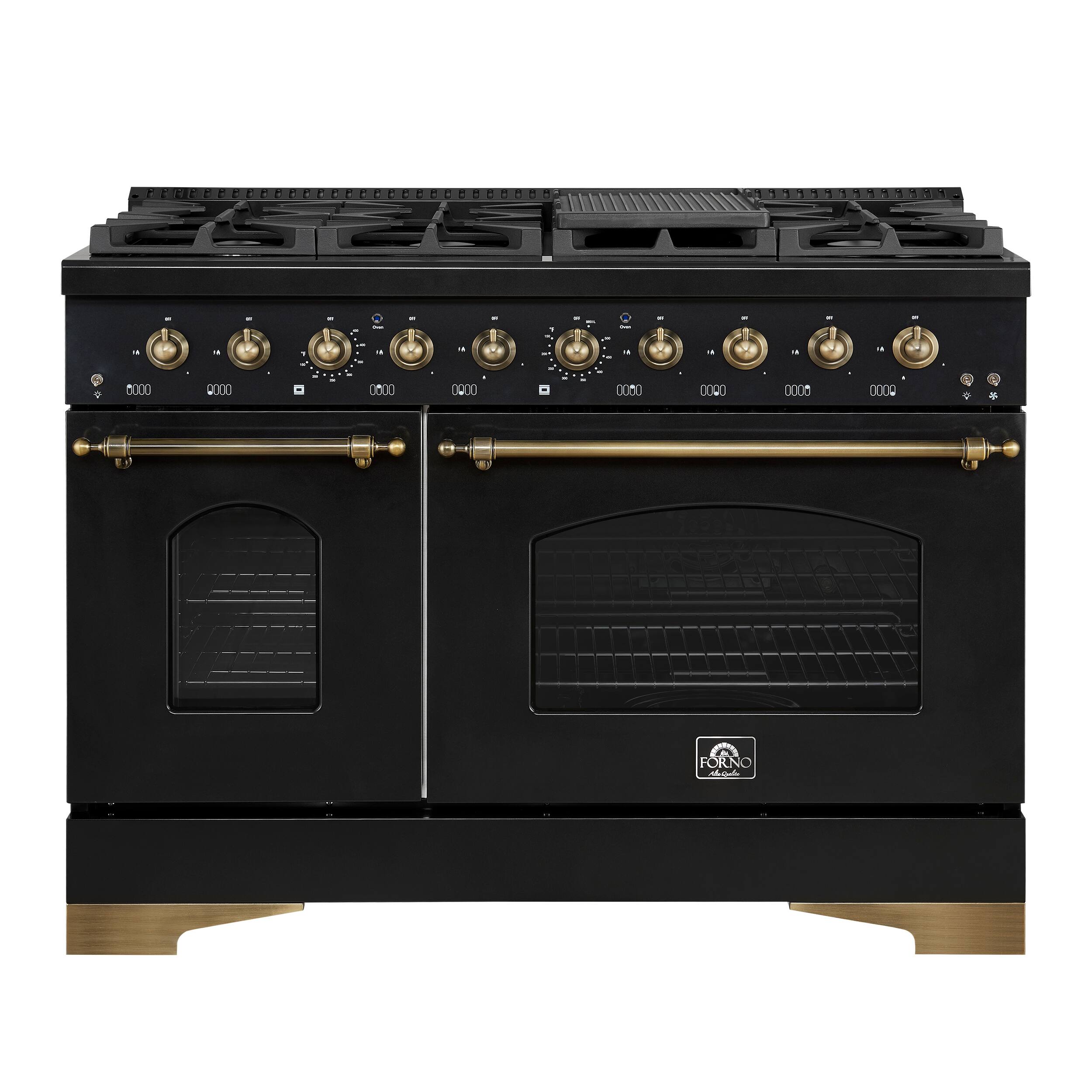 Forno Appliances - Antico 5.5 Cu. Ft. Freestanding  Double Oven Gas Range with Antique Brass Accents - Black