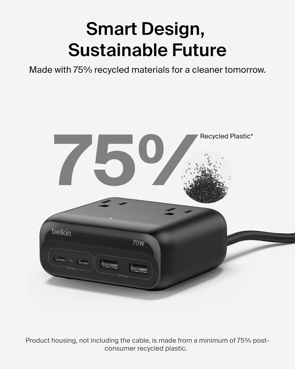 Smart Design, Sustainable Future  
Made with 75% recycled materials for a cleaner tomorrow.  

75% Recycled Plastic*  

Product housing, not including the cable, is made from a minimum of 75% post-consumer recycled plastic.