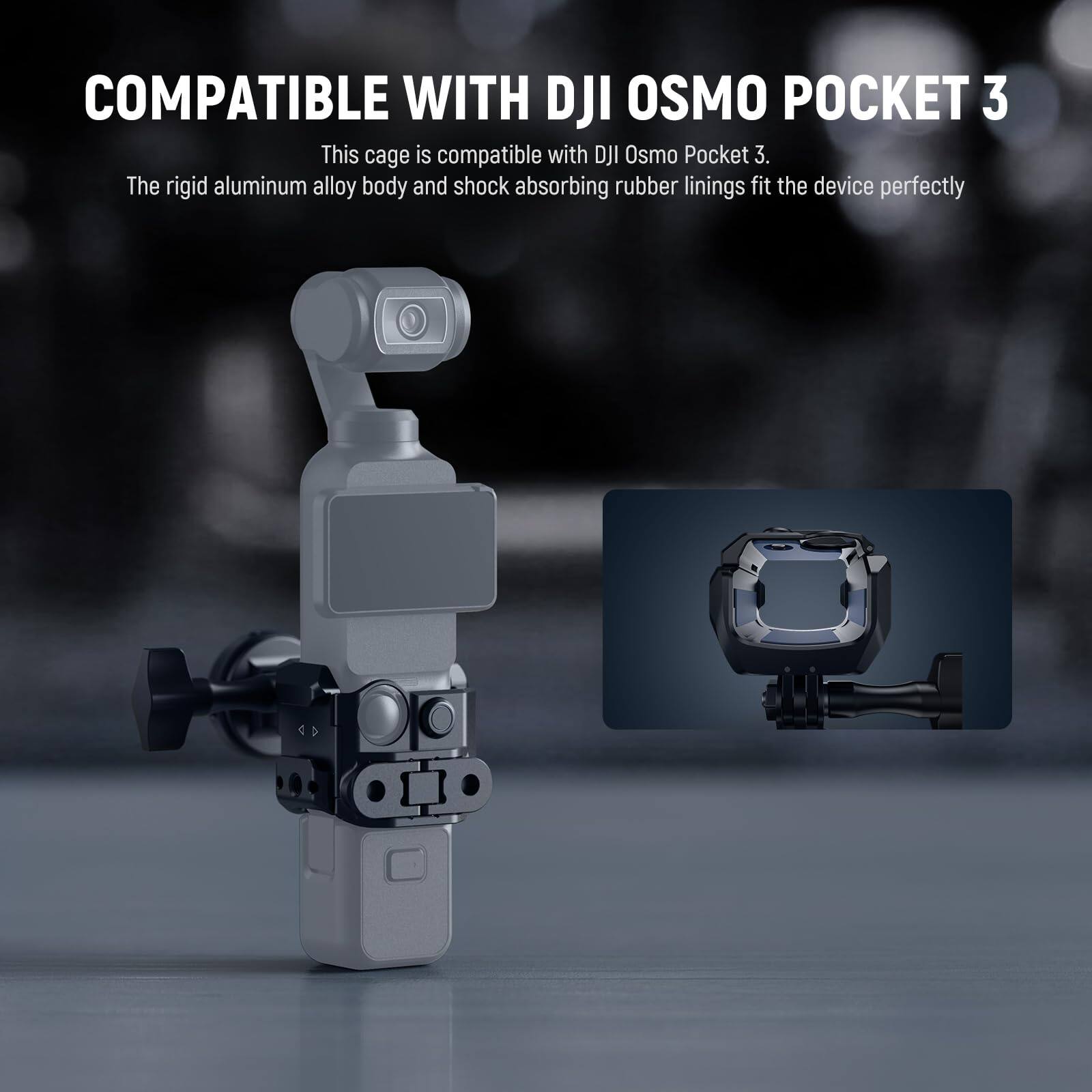 COMPATIBLE WITH DJI OSMO POCKET 3

This cage is compatible with DJI Osmo Pocket 3. The rigid aluminum alloy body and shock absorbing rubber linings fit the device perfectly.