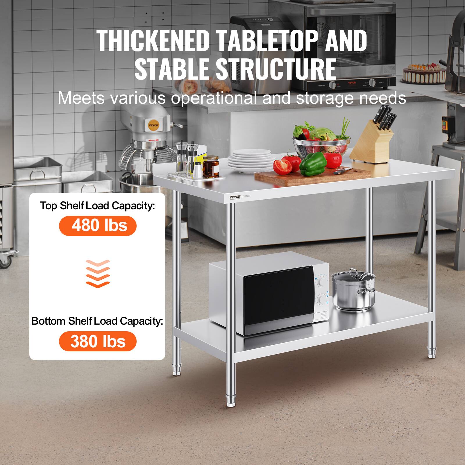 **Thickened Tabletop and Stable Structure**  
Meets various operational and storage needs  

- **Top Shelf Load Capacity:** 480 lbs  
- **Bottom Shelf Load Capacity:** 380 lbs