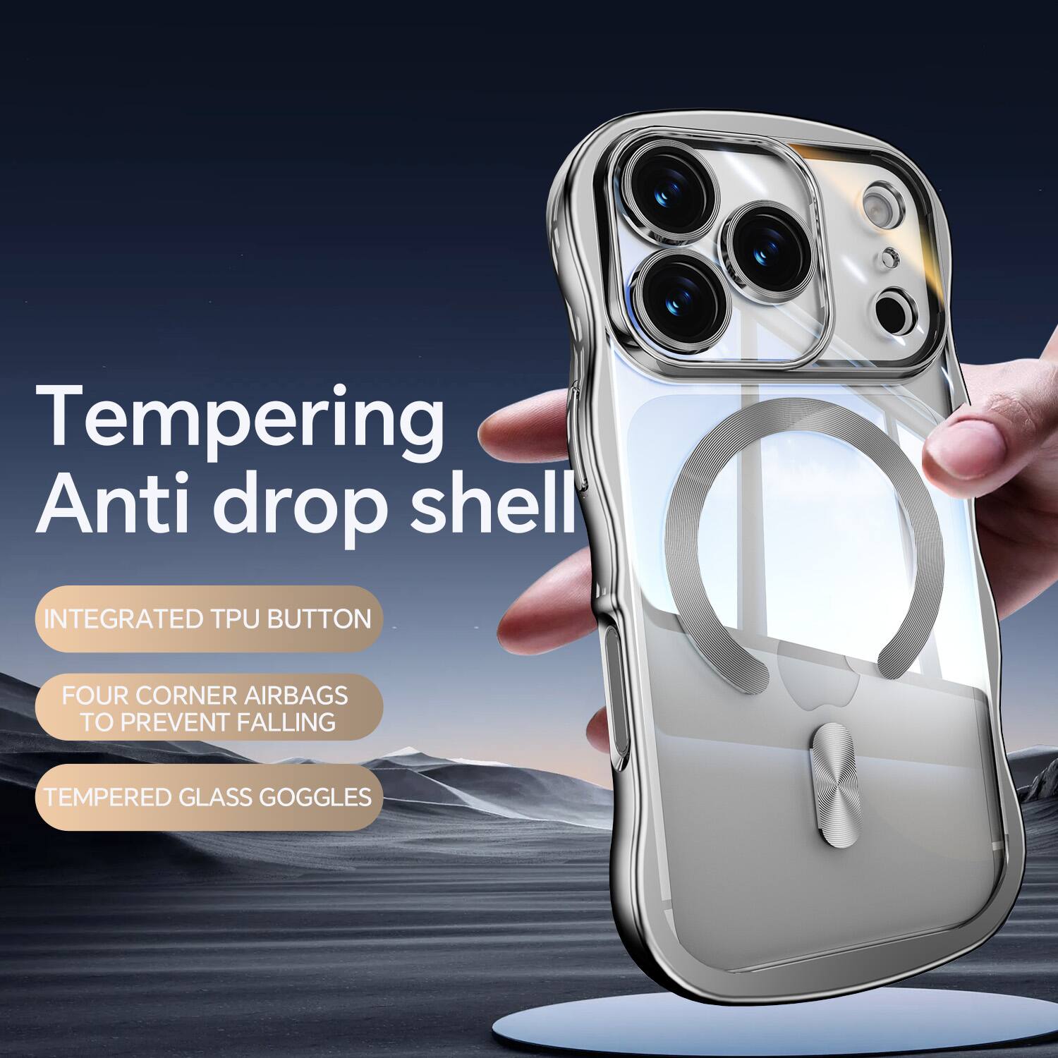 Tempering Anti drop shell  
INTEGRATED TPU BUTTON  
FOUR CORNER AIRBAGS TO PREVENT FALLING  
TEMPERED GLASS GOGGLES
