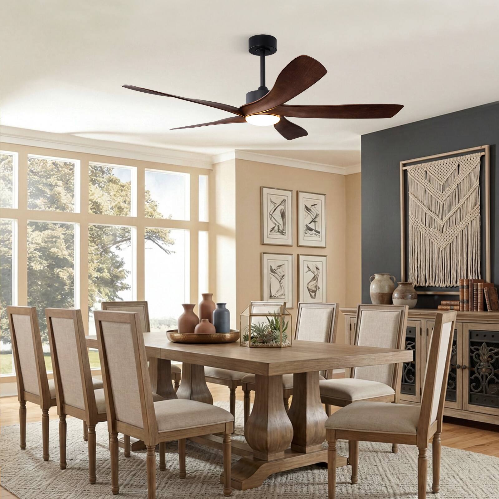 Angle. Siljoy - 56 Inch 5 Blade Wood Grain Ceiling Fan with LED Light Quiet DC Motor for Living Room Bedroom - Brown.