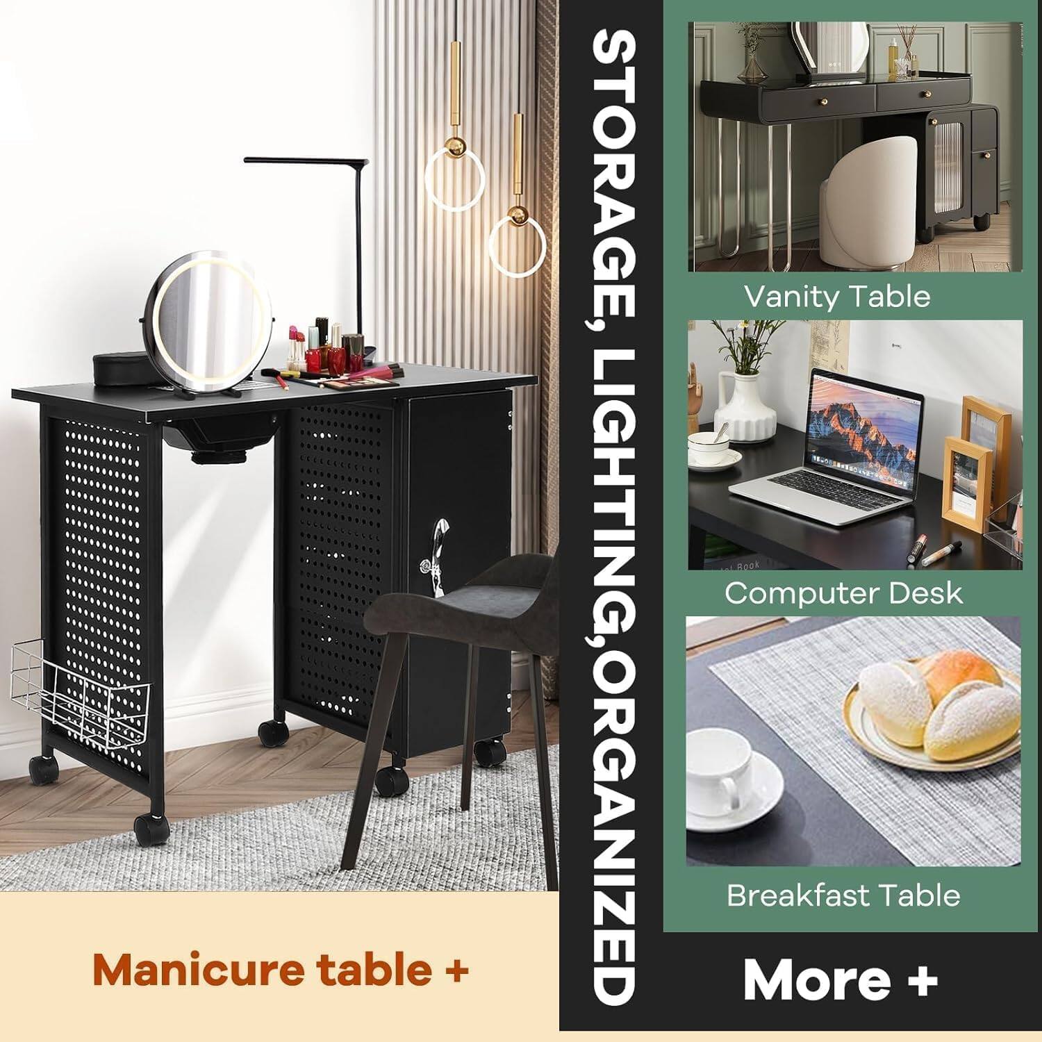 Manicure table + STORAGE, LIGHTING, ORGANIZED Vanity Table LBAk Computer Desk Breakfast Table More +