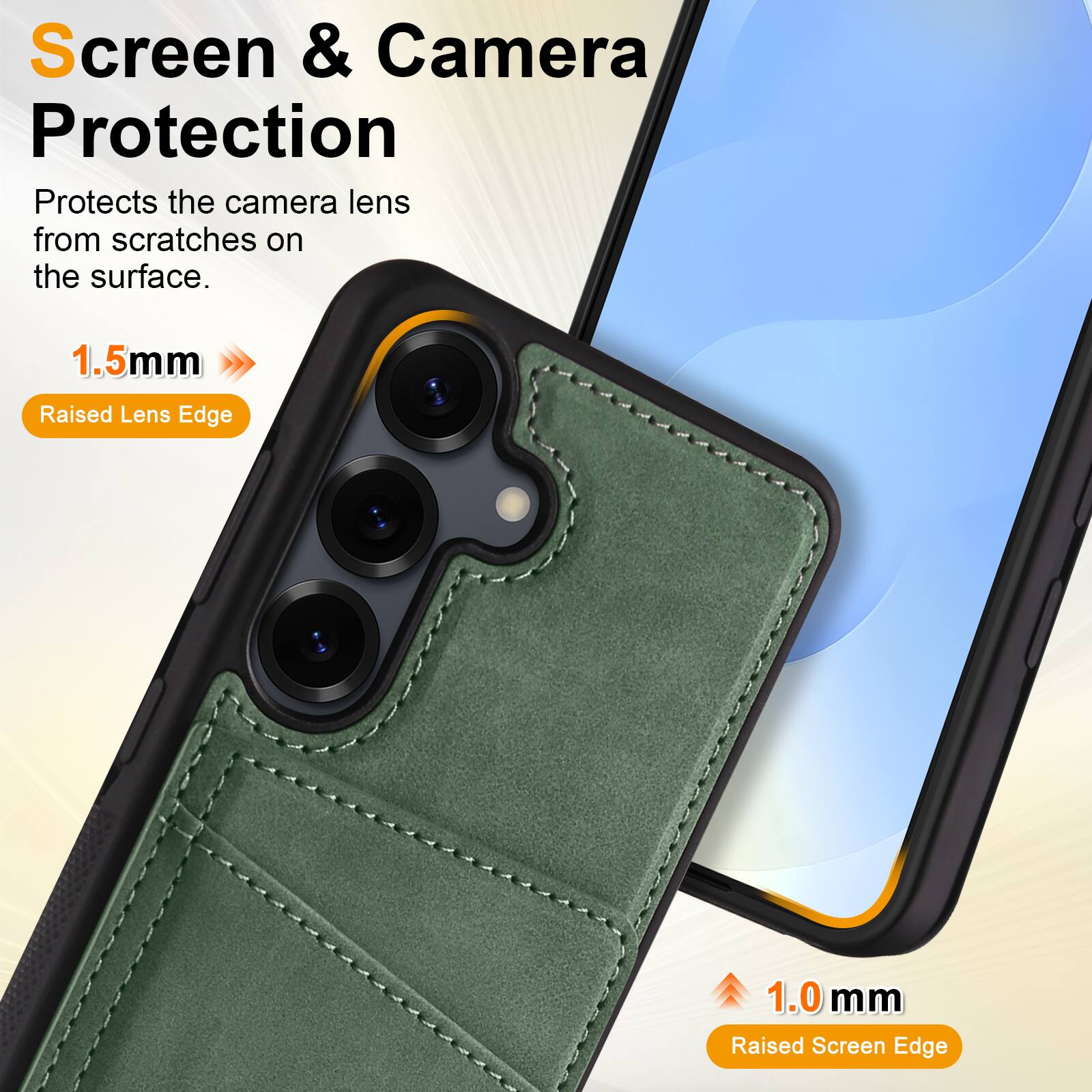 Screen & Camera Protection  
Protects the camera lens from scratches on the surface.  
1.5mm Raised Lens Edge  
1.0 mm Raised Screen Edge