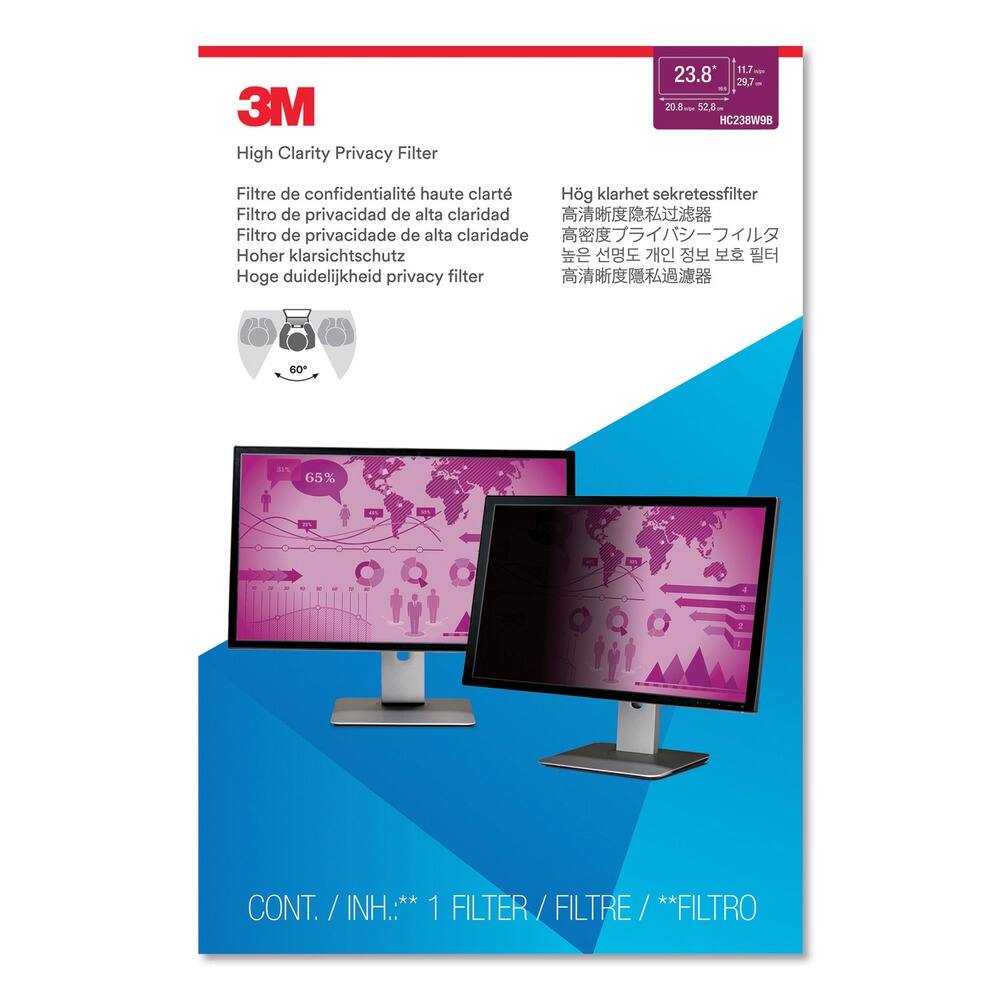 3M High Clarity Privacy Filter

- Filtre de confidentialité haute clarté
- Filtro de privacidad de alta claridad
- Filtro de privacidade de alta claridade
- Hoher klarsichtschutz
- Hoge duidelijkheid privacy filter
- 高清度隱私過濾器
- 高清度隱私過濾器
- 高清度隱私過濾器

23.8" 11.7" 29.7" 20.8" 52.8m HC238W9B

CONT. / INH.** 1 FILTER / FILTRE / **FILTRO