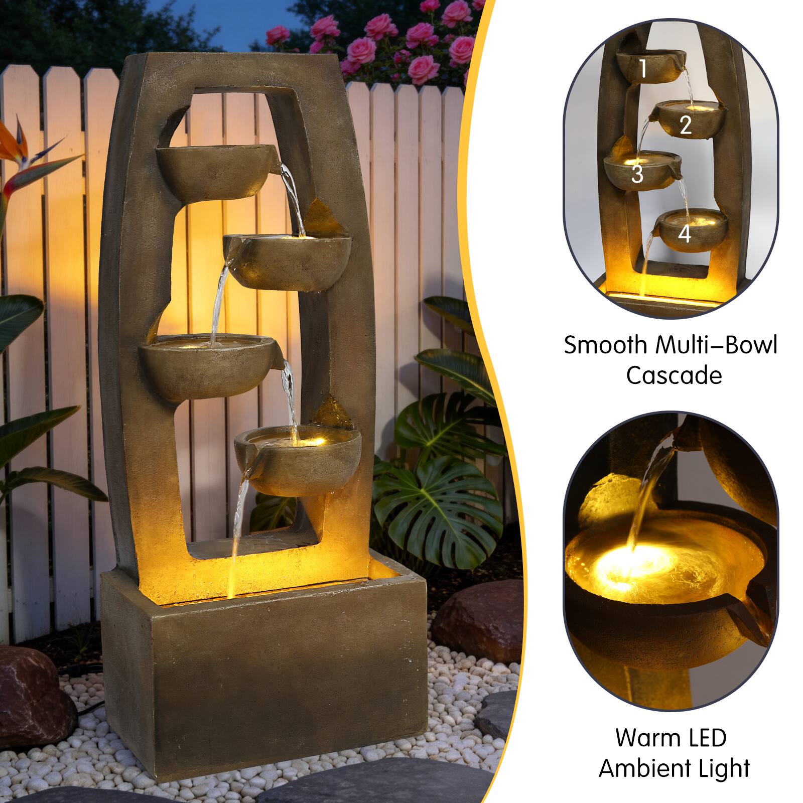 1 2 3 4 Smooth Multi-Bowl Cascade Warm LED Ambient Light