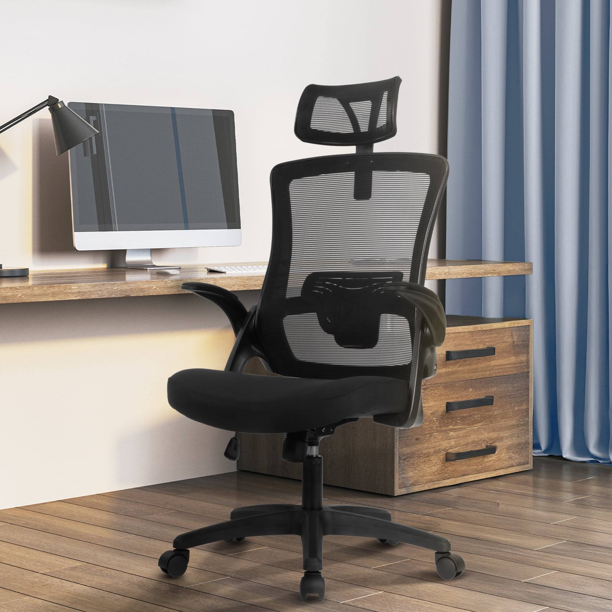 Alt View 2. Neo Chair - Office Desk Chair Computer High Back Support Mesh Comfy Adjustable Ergonomic Headrest Lumbar Rolling Flip-up Armrests - Plastic Base-Black.