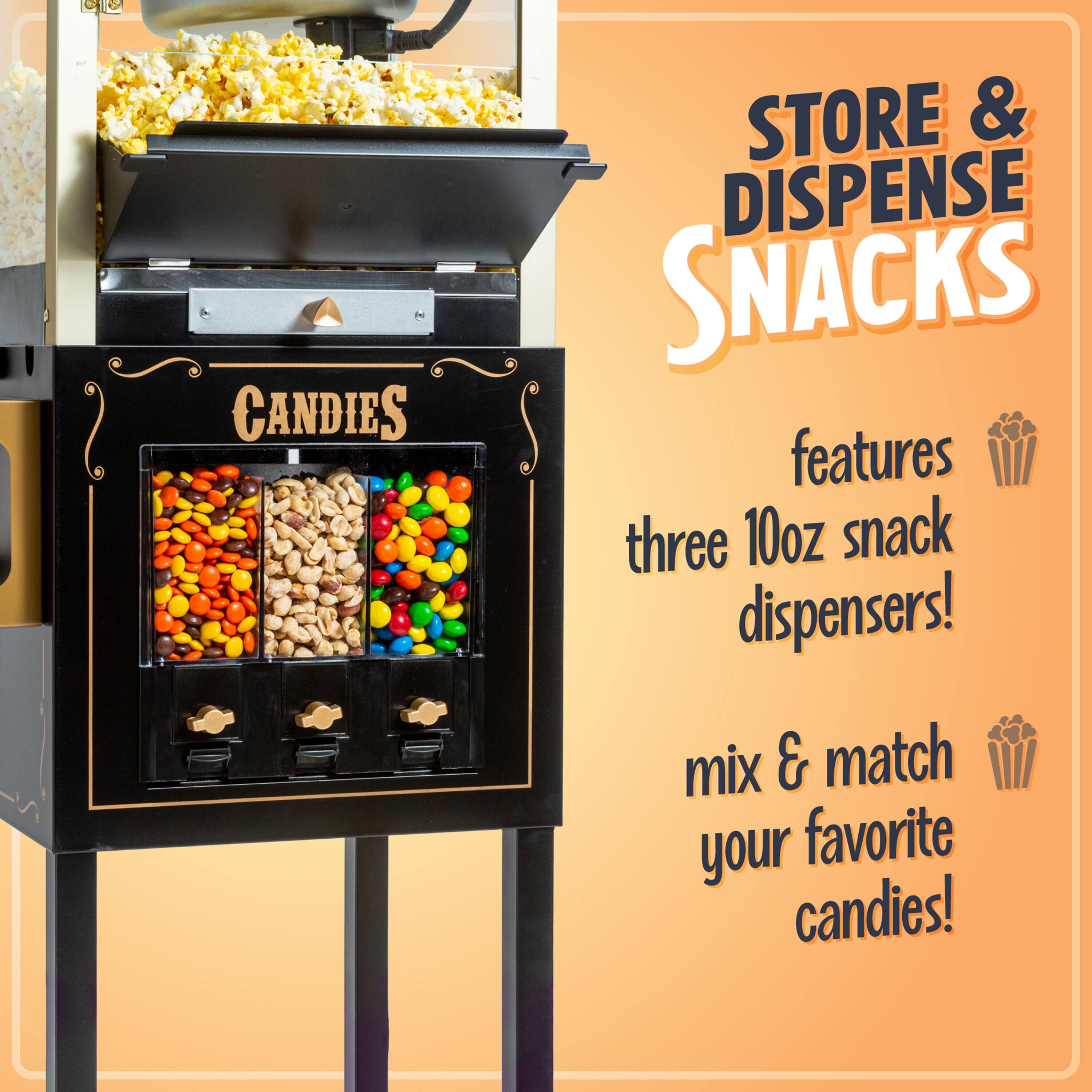 CANDIES STORE & DISPENSE SNACKS features three 10oz snack dispensers! Mix & match your favorite candies!