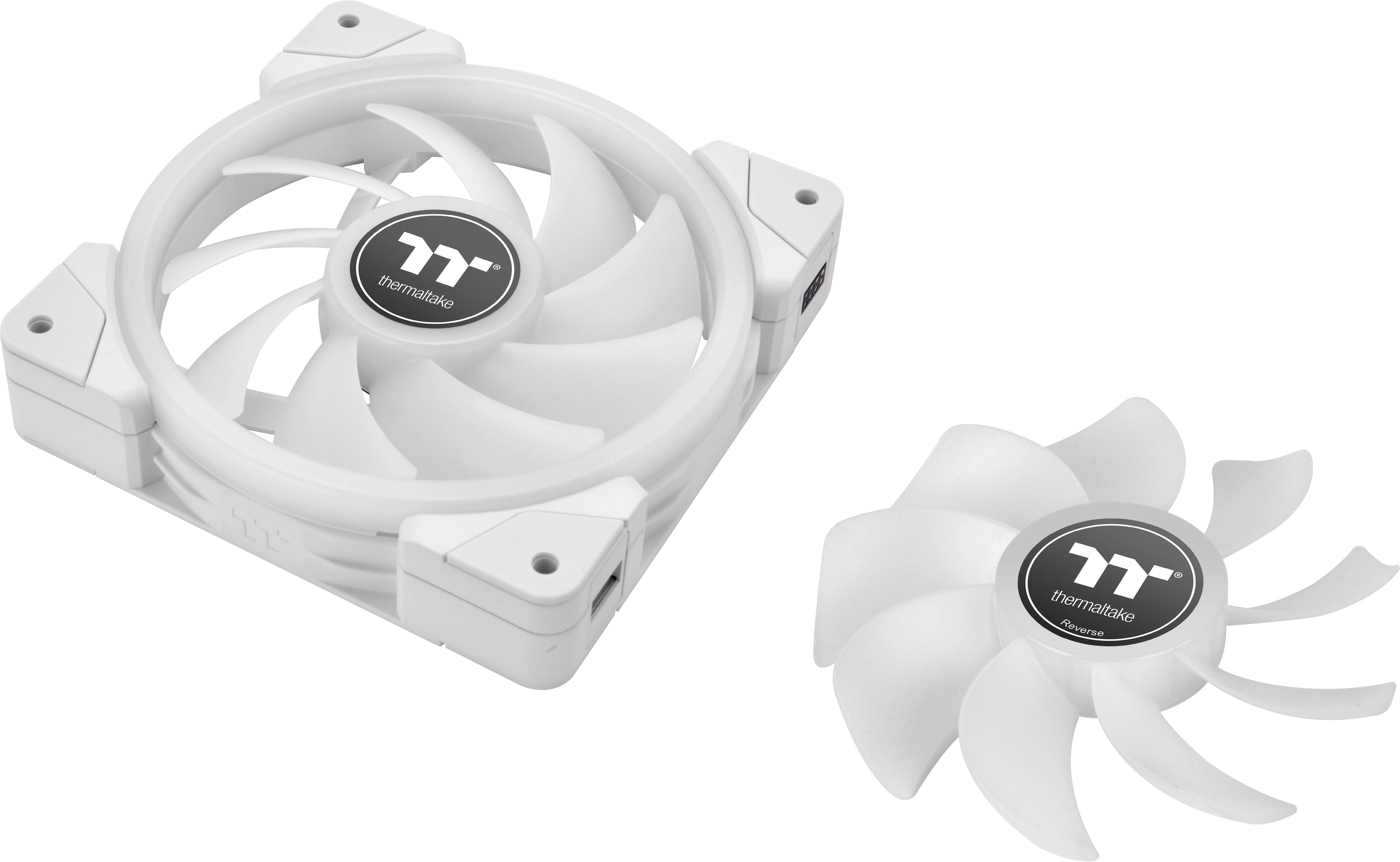 The image features a white fan and a white heatsink, both made by Thermaltake. The fan is placed on top of the heatsink, and they are both sitting on a white background. The fan is designed to be used in a computer, and it is likely intended for cooling purposes.