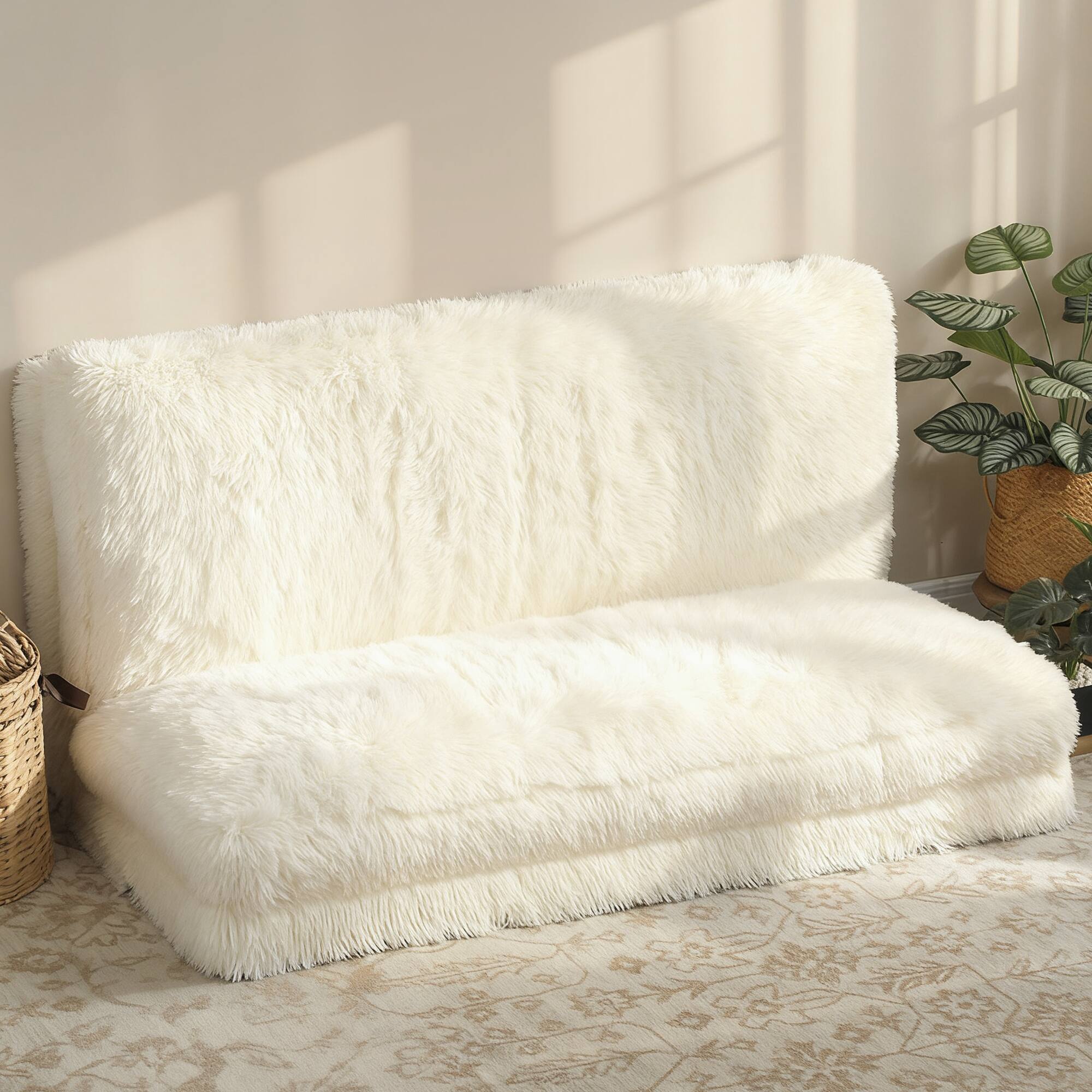 Alt View 1. Homcom - Bag Floor Sofa Bed, Contemporary Plush Wide Folding Floor Mattress, Foam Filling Wall Couch Sleeper - Cream White.