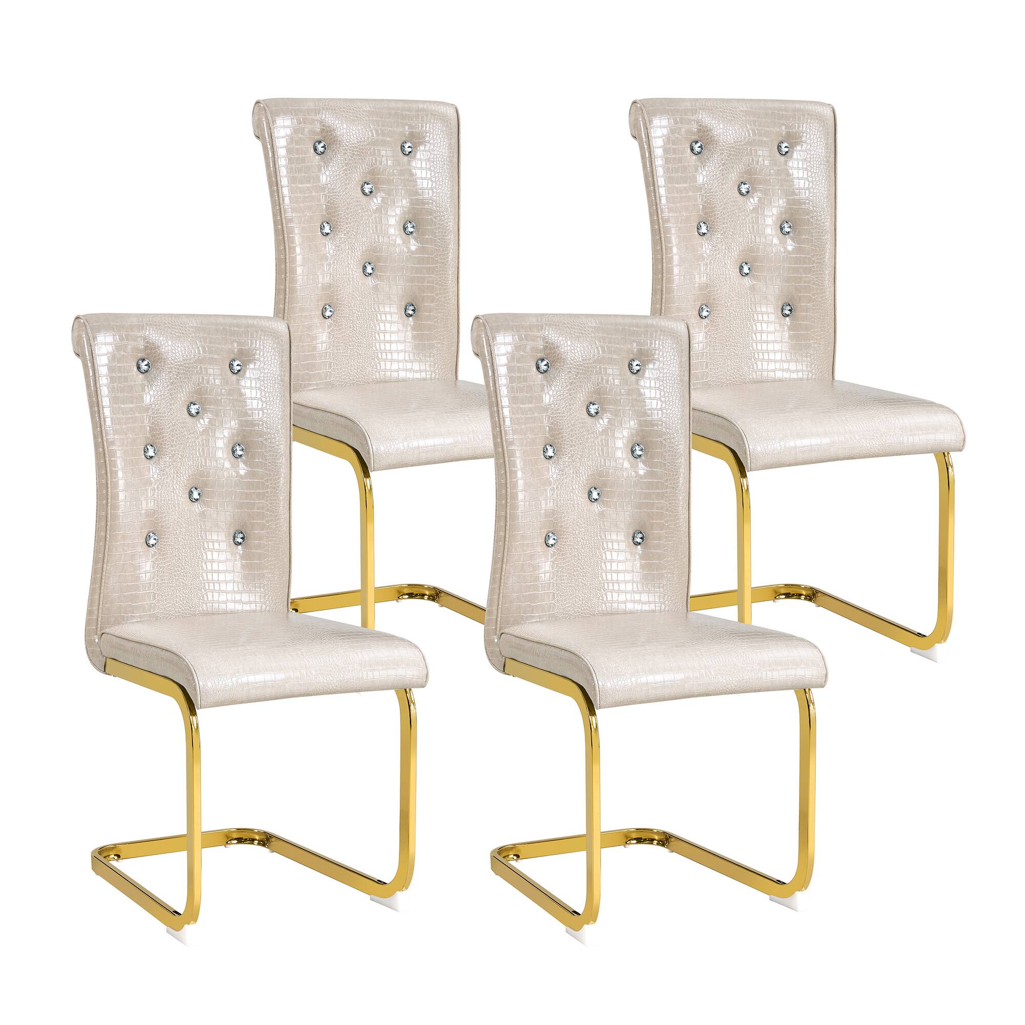 Alt View 6. Loheer - Retro Faux Leather Dining Chairs Set of 2 Crystal Tufted - Gold Bow Legs - Beige.