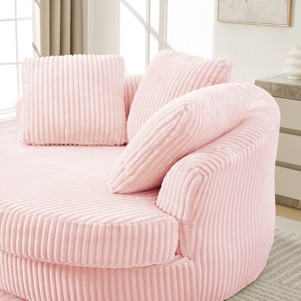 Alt View 2. Trinkets Crazed - 60-Inch Oversized Round Chaise Longue Chair Indoor,Modern Upholstered Corduroy Deep Seat Single Cloud Floor Sofa Chair - Pink.