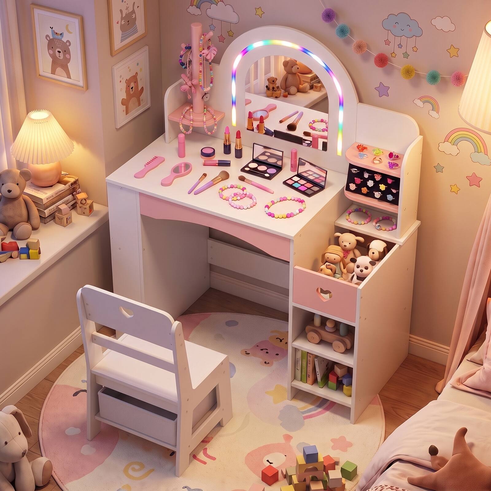 Alt View 3. Costway - Costway Kids Vanity Set with Colorful LED Lights & Jewelry Stand, Chair, Storage Shelves - White.