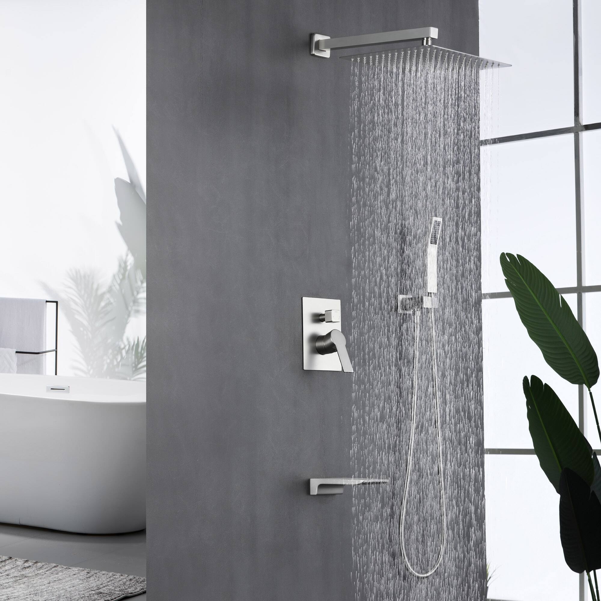 Alt View 2. Boyel Living - Brushed Nickel 12-Inch Rain Shower System Brass SUS304 3-Function Valve Waterfall Spout cUPC - Brushed Nickel.