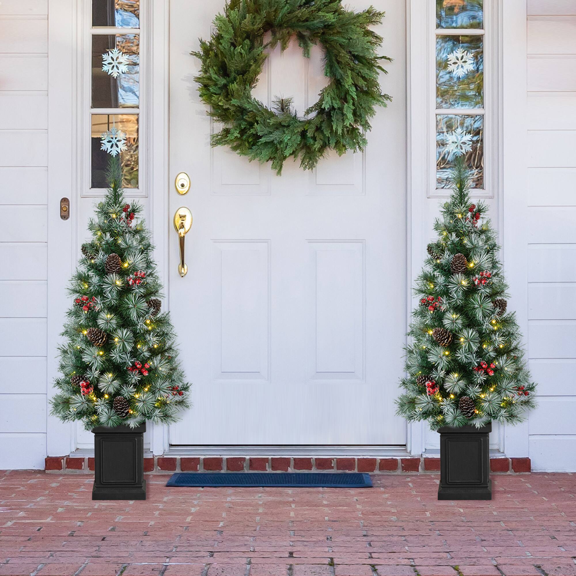Front. Glitzhome - Set of Two  4ft Pre-Lit Pine Artificial Christmas Porch Tree with 80 Warm White Lights, Pinecones and Red Berries - Green.