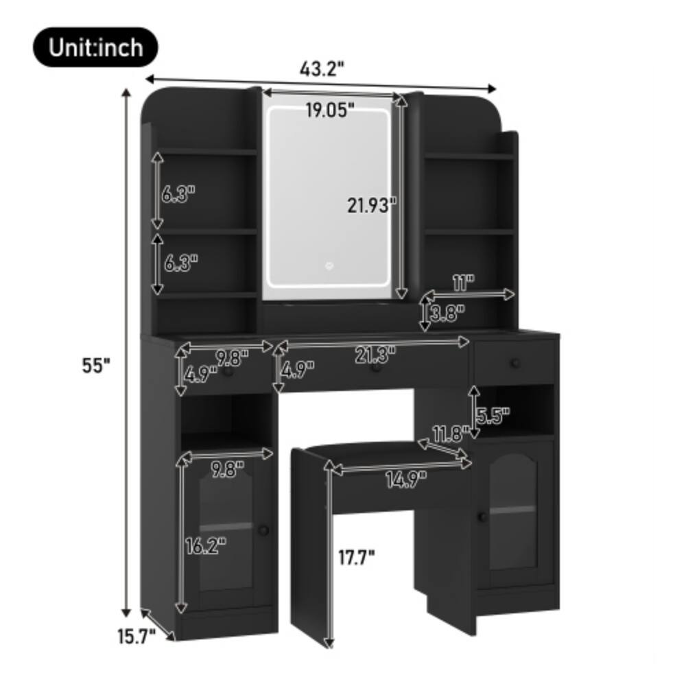 Unit: inch  
43.2"  
19.05"  
6.3"  
21.93"  
6.3"  
11"  
3.8"  
55"  
9.8"  
4.9"  
4.9"  
21.3"  
5.5"  
11.8"  
9.8"  
14.9"  
16.2"  
17.7"  
15.7"