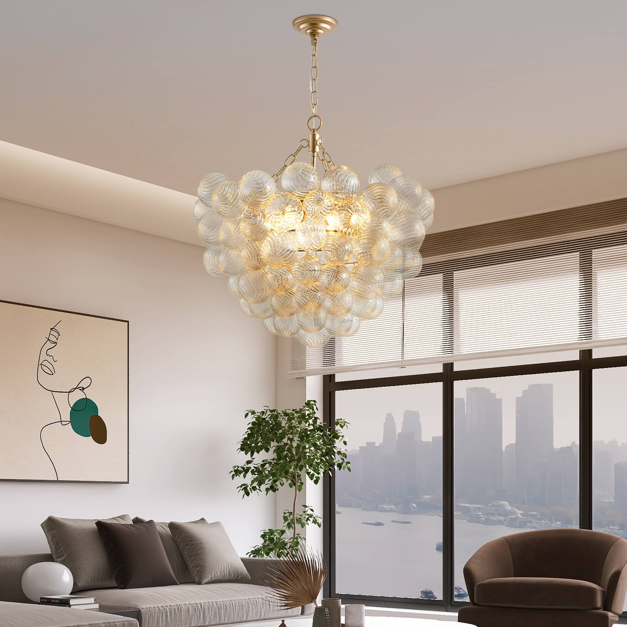 Left. Tiramisubest - 27.5-Inch Gold Pendant Light Chandelier with Threaded Clear Glass Globe Shade – Adjustable Height (No Bulbs) - Gold.