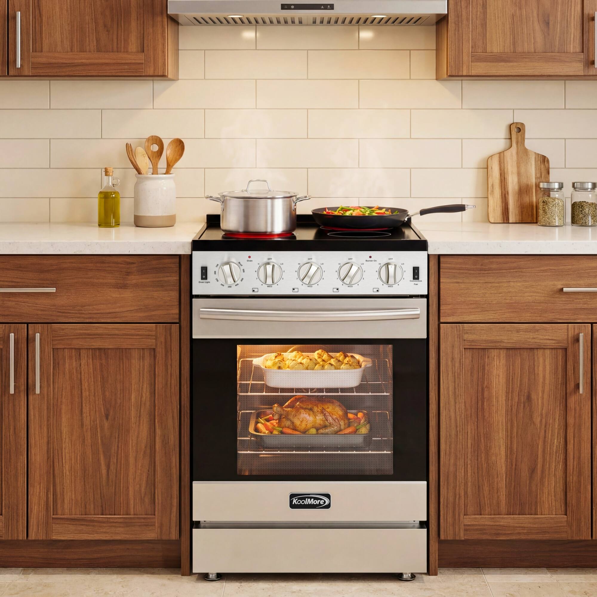 Left. Koolmore - 24 in. 4-Burner Electric Glass Top Slide-In Oven Range, 240V in Stainless Steel (KM-SER24-SS) - Stainless Steel.