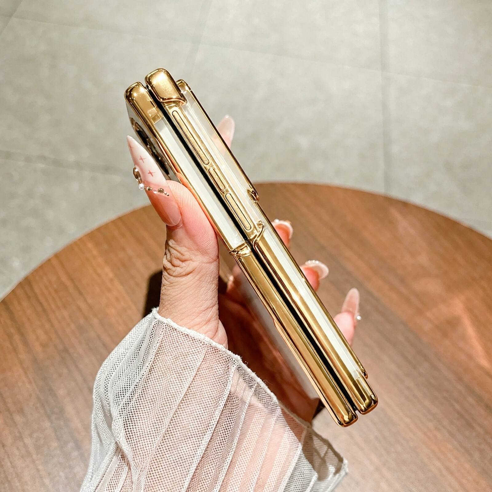 Left. Dteck - Plating Build in Tempered Glass Screen Cover for Samsung Galaxy Z Fold 8, Shockproof Kickstand Hard PC Clear Back Cover - Gold.