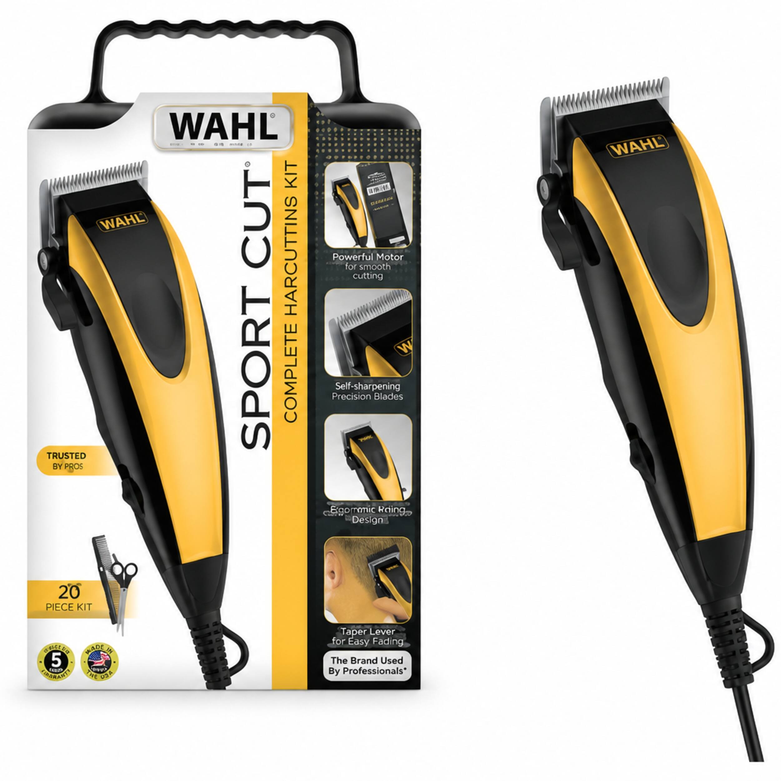 WAHL SPORT CUT COMPLETE HARDCUTTINS KIT  
- Powerful Motor for smooth cutting  
- Self-sharpening Precision Blades  
- Ergonomic Design  
- 20 PIECE KIT  
- Taper Lever for Easy Fading  
- The Brand Used By Professionals