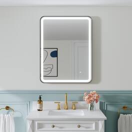 WELLFOR - 28 in. W x 36 in. H Anti-Fog LED Bathroom Mirror, Wall Bathroom Vanity Mirror with Framed Round Corner - Matte Black