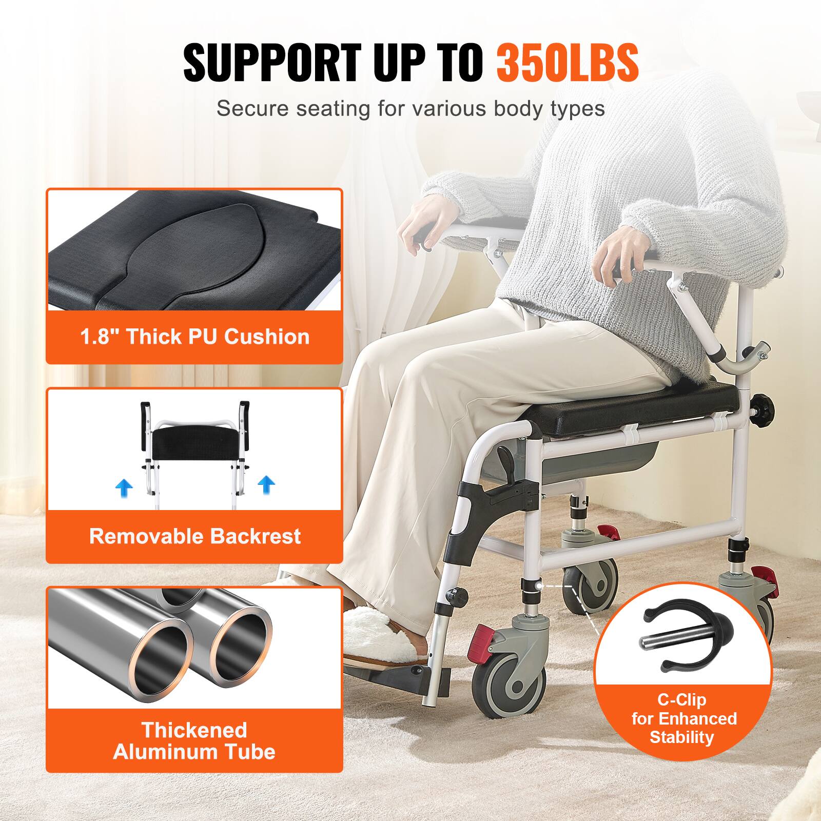 SUPPORT UP TO 350LBS
Secure seating for various body types
1.8" Thick PU Cushion
Removable Backrest
Thickened Aluminum Tube
C-Clip for Enhanced Stability
